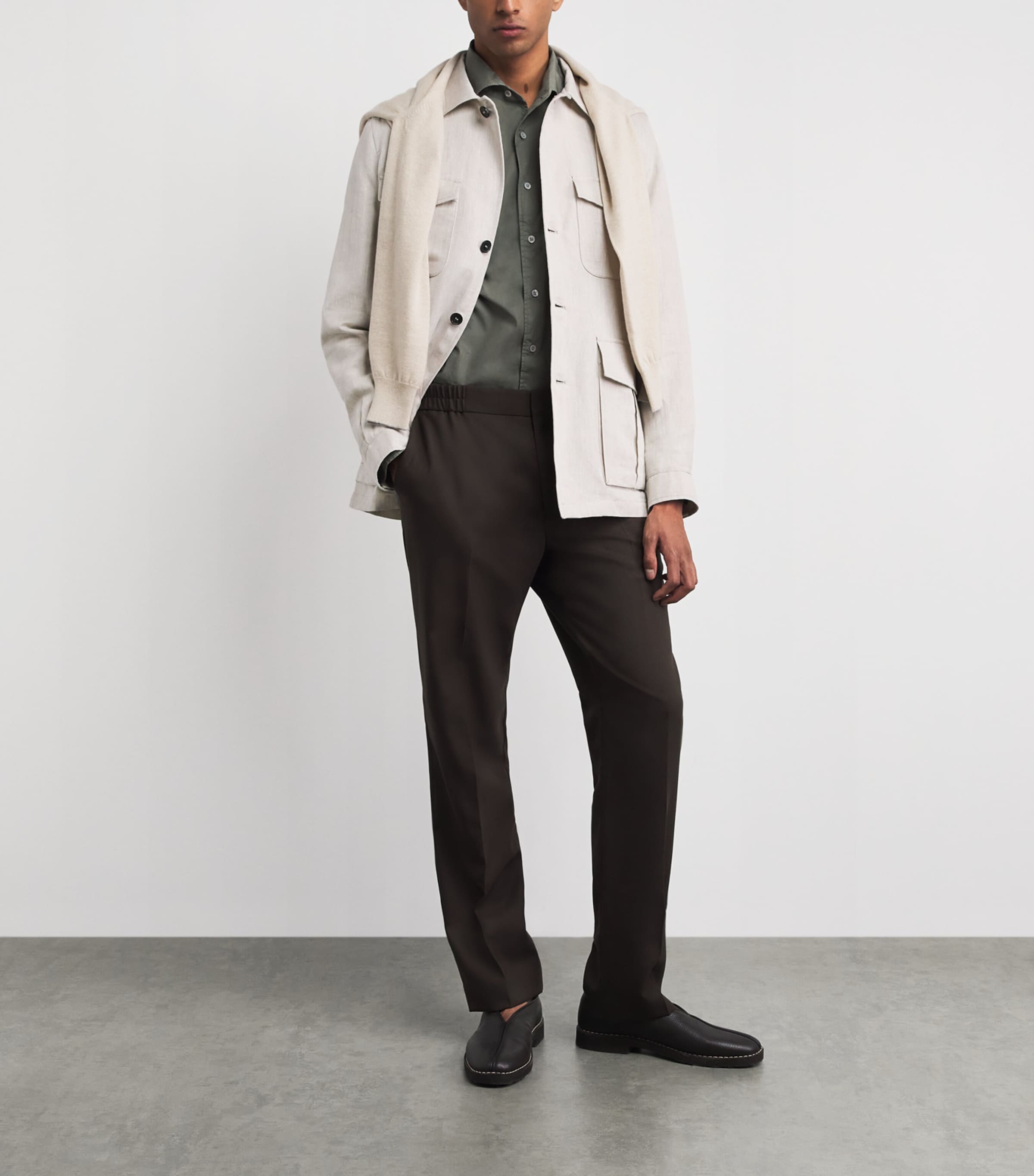 N.Peal Mens Linen-Cotton Herringbone Safari Jacket Chalk Image 2