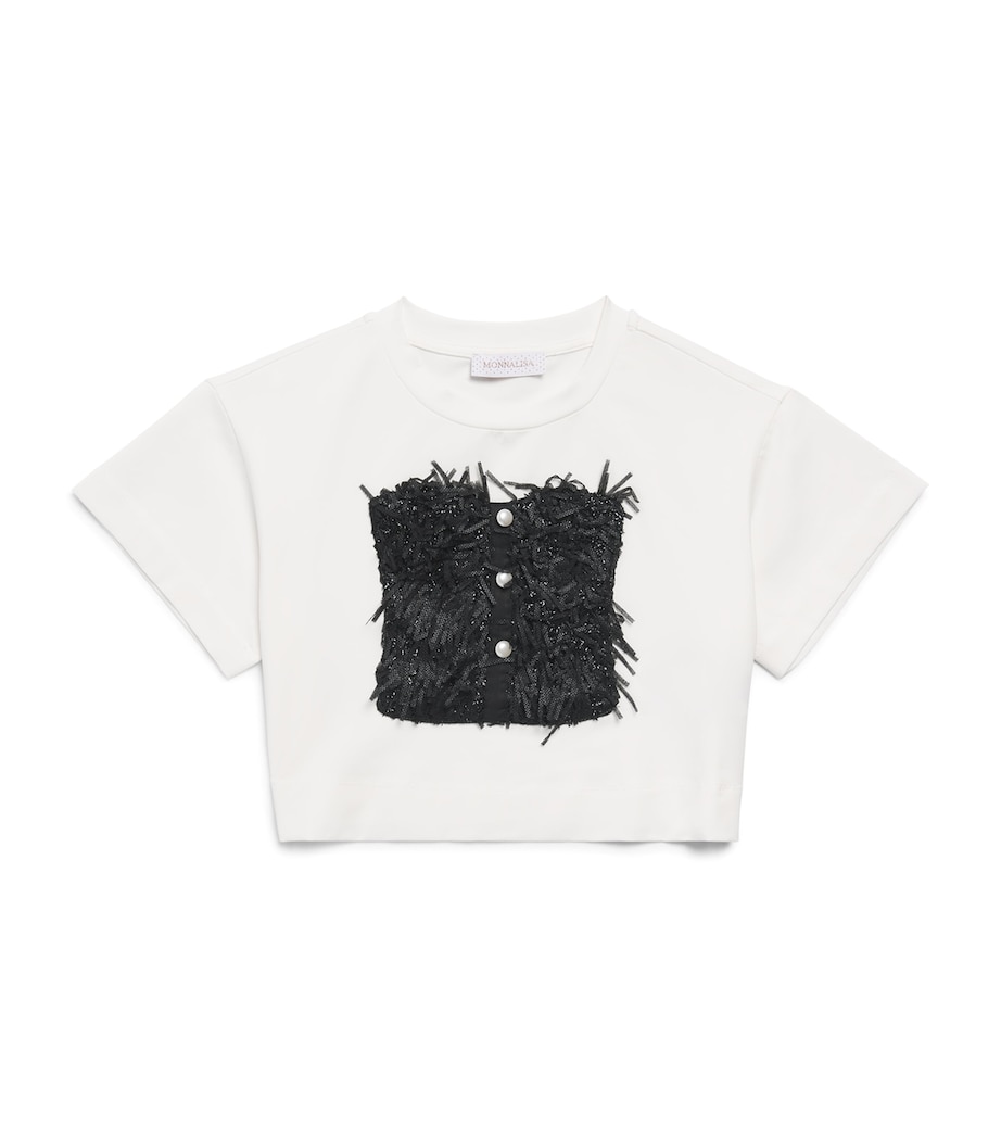 Monnalisa Stretch-Cotton Fringed T-Shirt (4-12 Years) Panna+nero Image 1