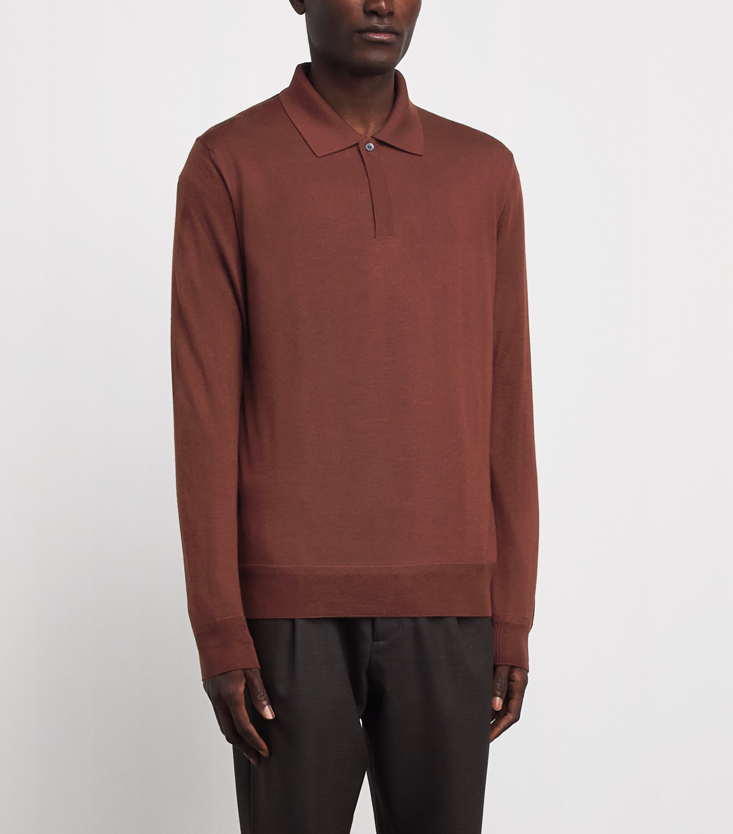 Brett Johnson Mens Cashmere-Silk Long-Sleeve Polo Shirt Terracotta Image 4