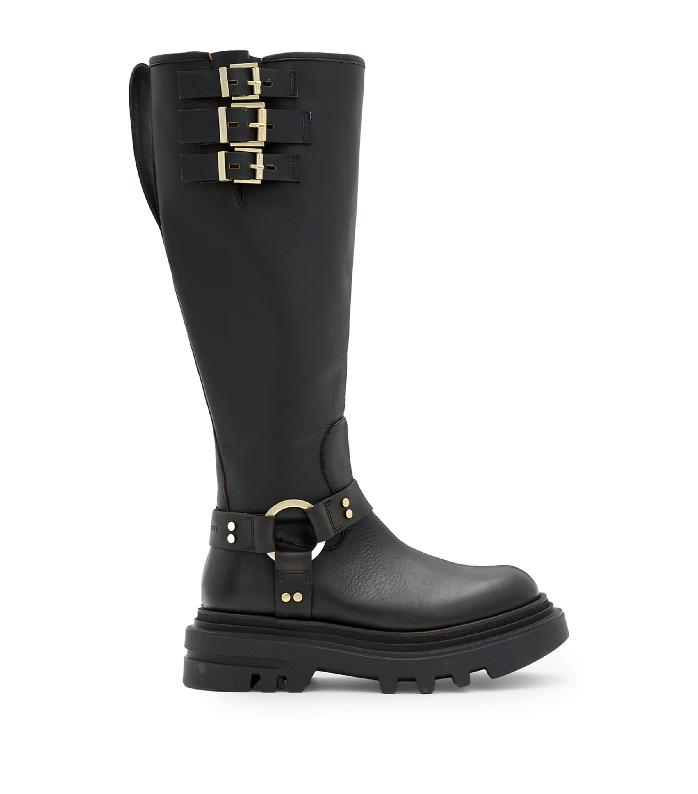 Allsaints Jade Knee High Leather Biker Boots In Black