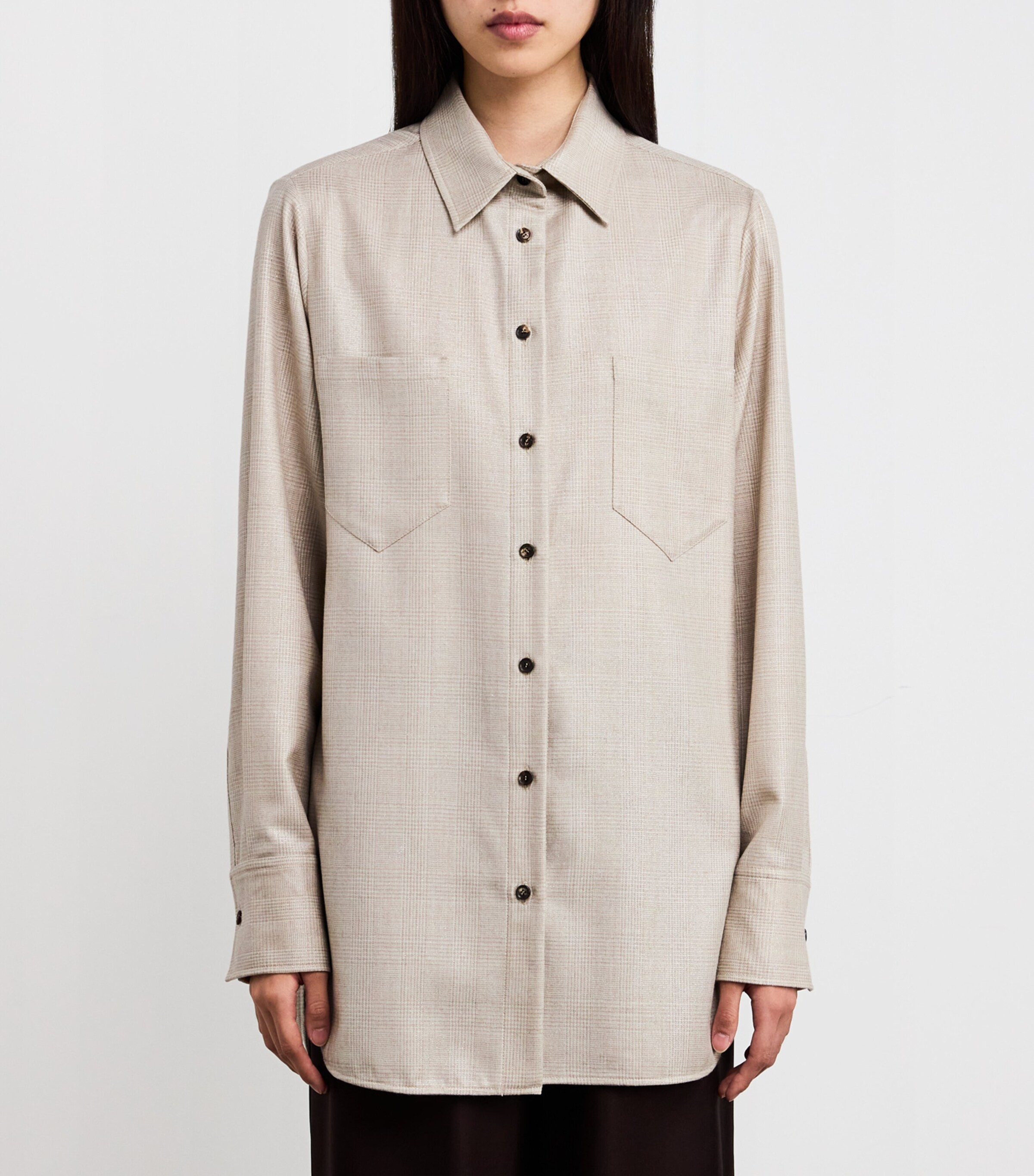 Kiton Womens Virgin Wool Check Shimmer Oversized Shirt Beige Image 3