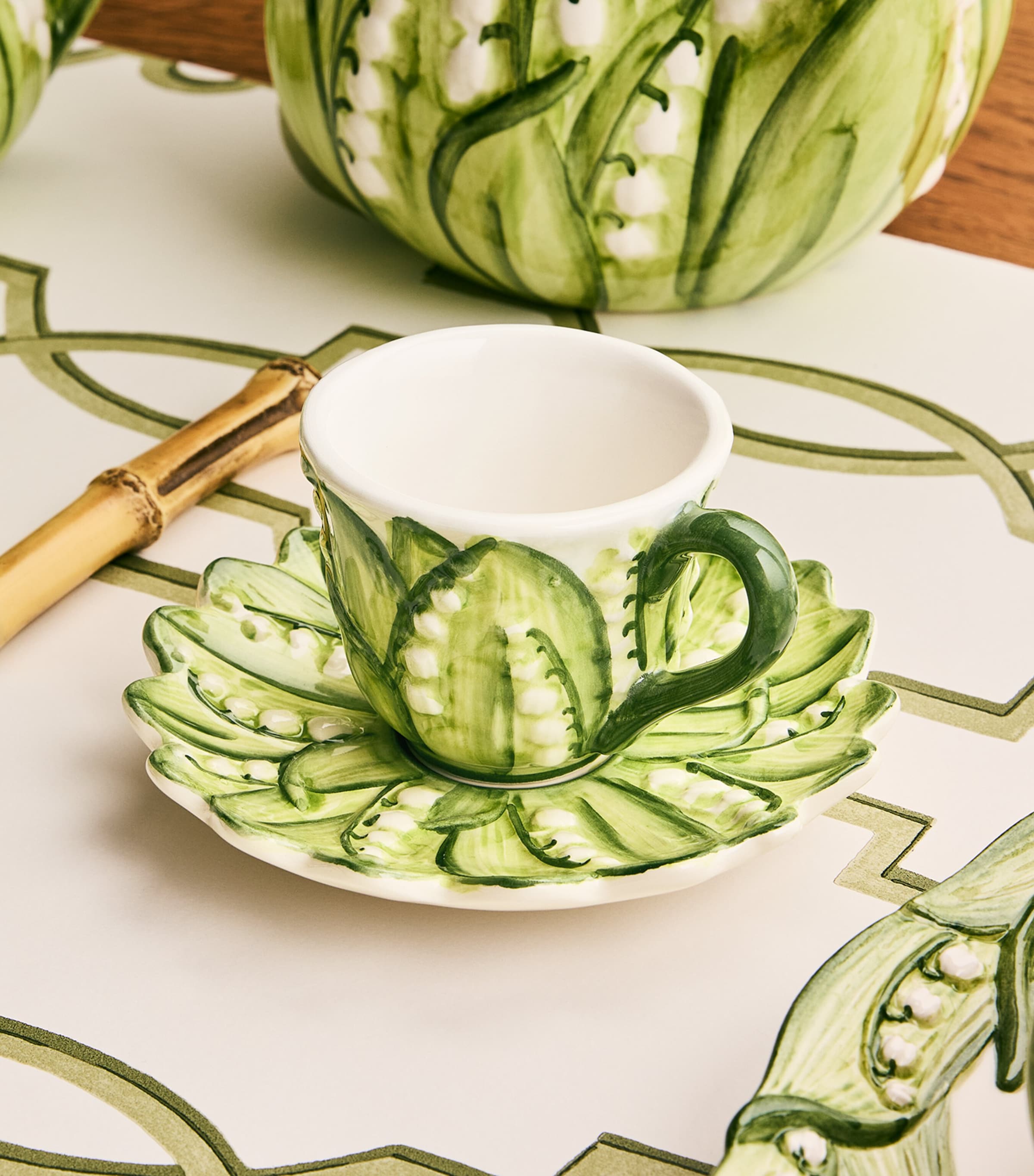 Lily of the Valley Coffee Cup and Saucer WHITE/GREEN Image 4
