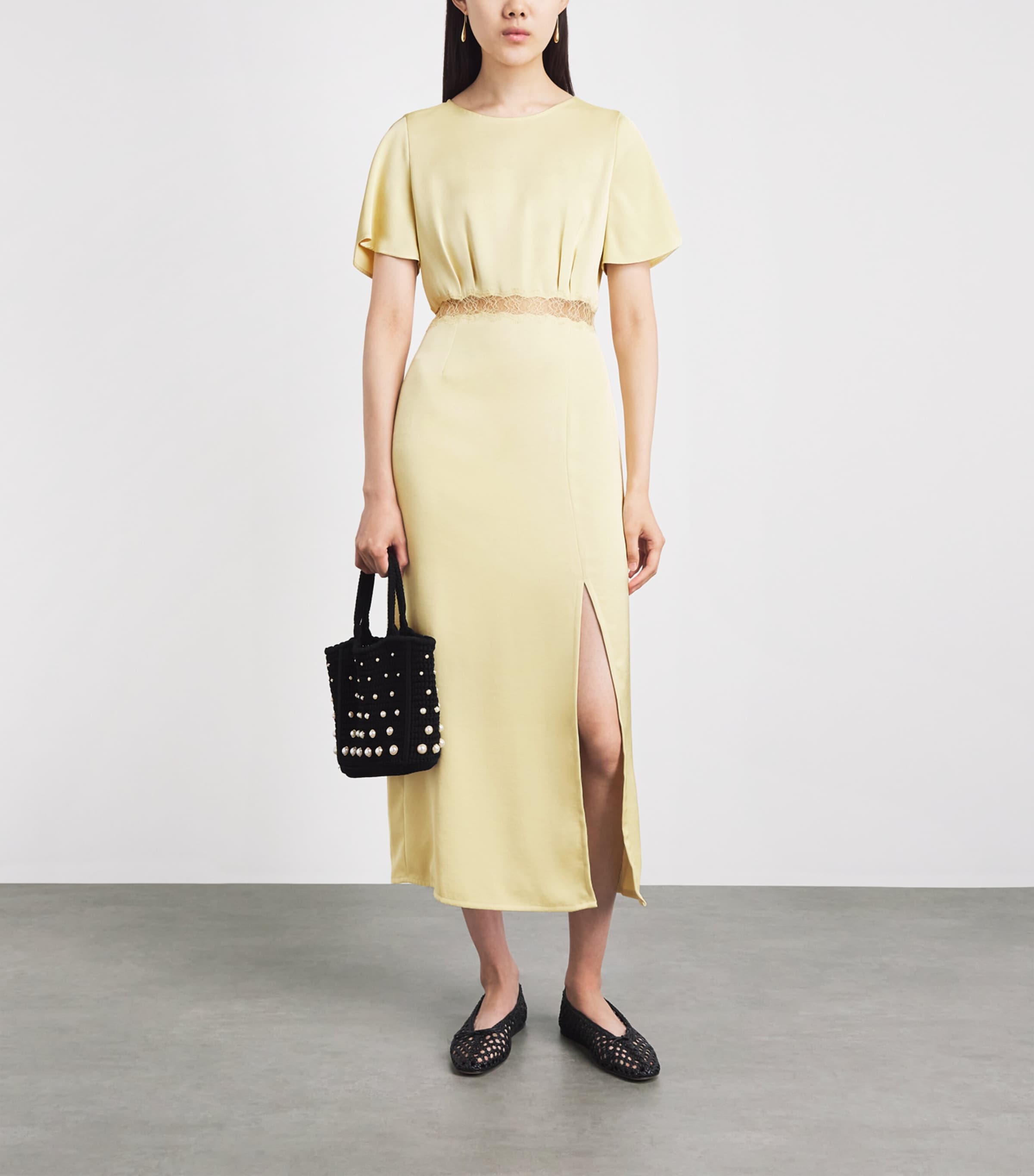 Claudie Pierlot Womens Satin Lace-Waist Midi Dress Baby Yellow Image 2