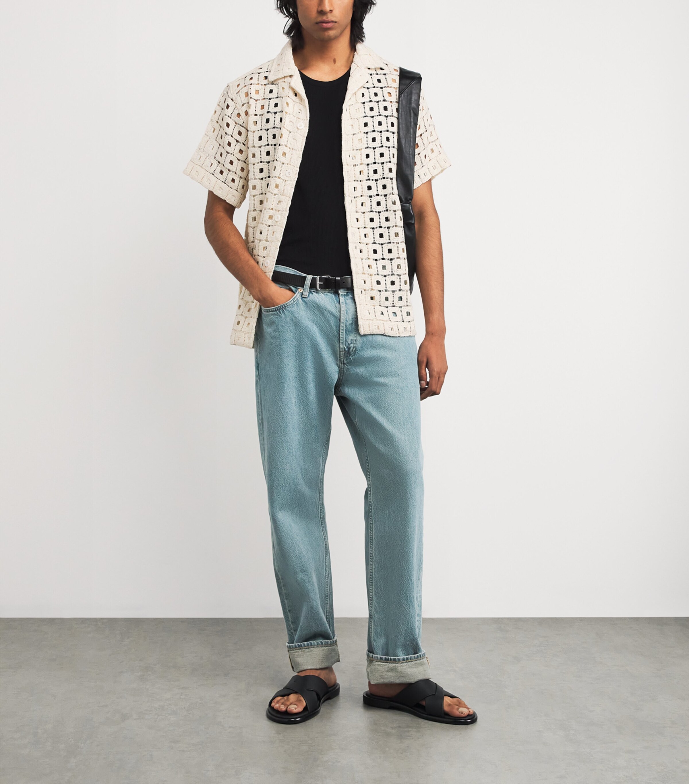 CHÉ Mens Cotton-Blend Open-Crochet Knit Shirt Ivory Image 2