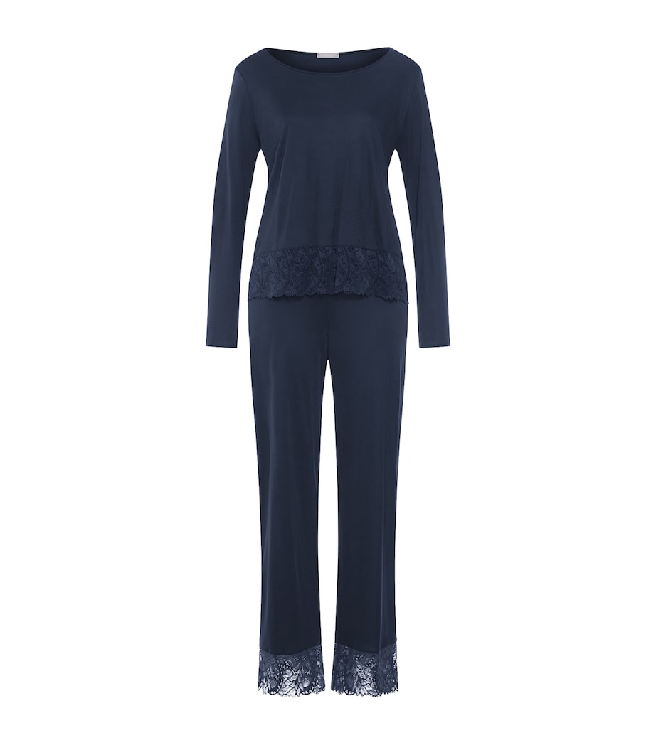 Hanro Womens Lace-Trim Long-Sleeve Pyjamas Deep Navy Image 1