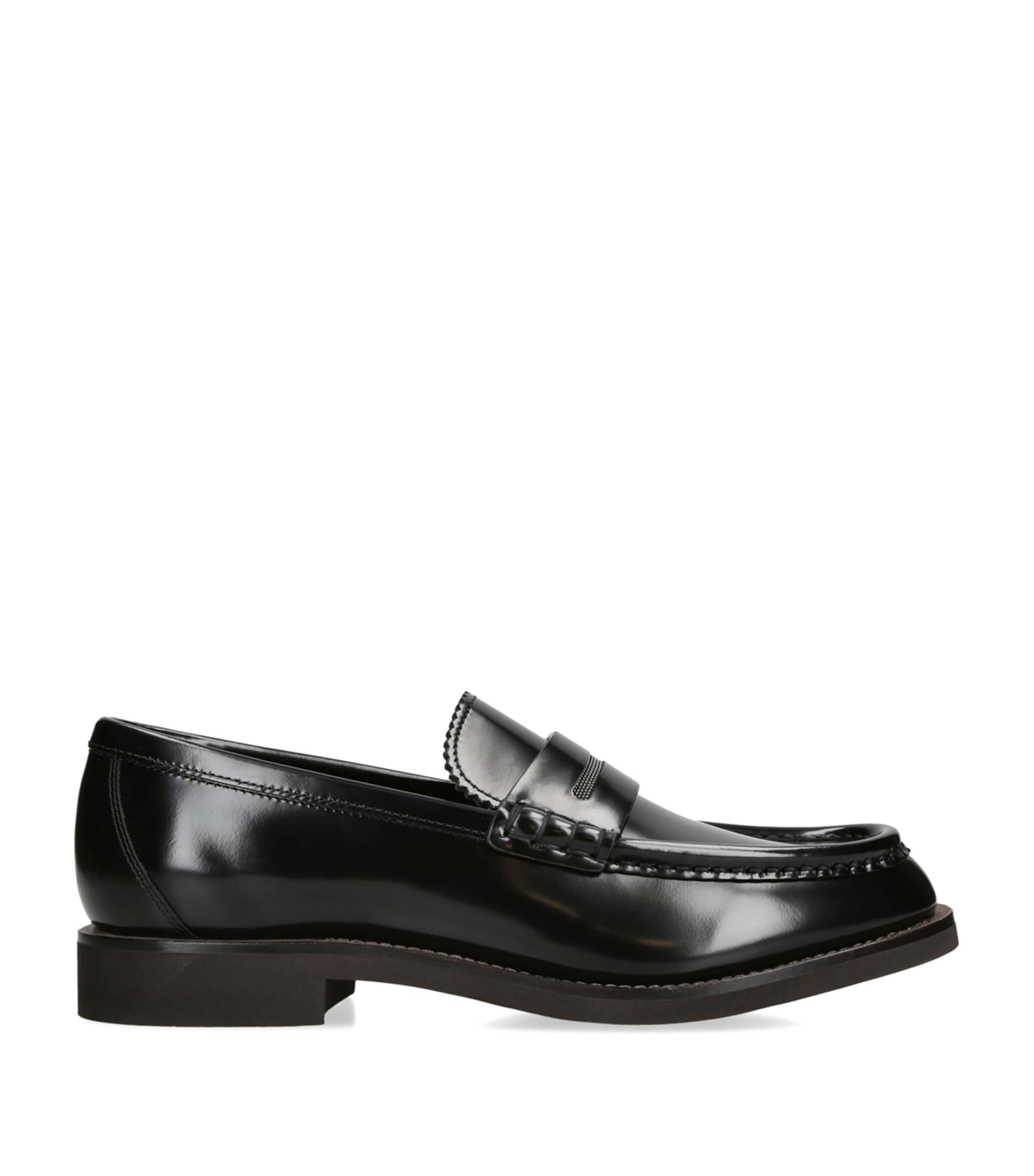 Brunello Cucinelli Polished Leather Monili Penny Loafers In Black