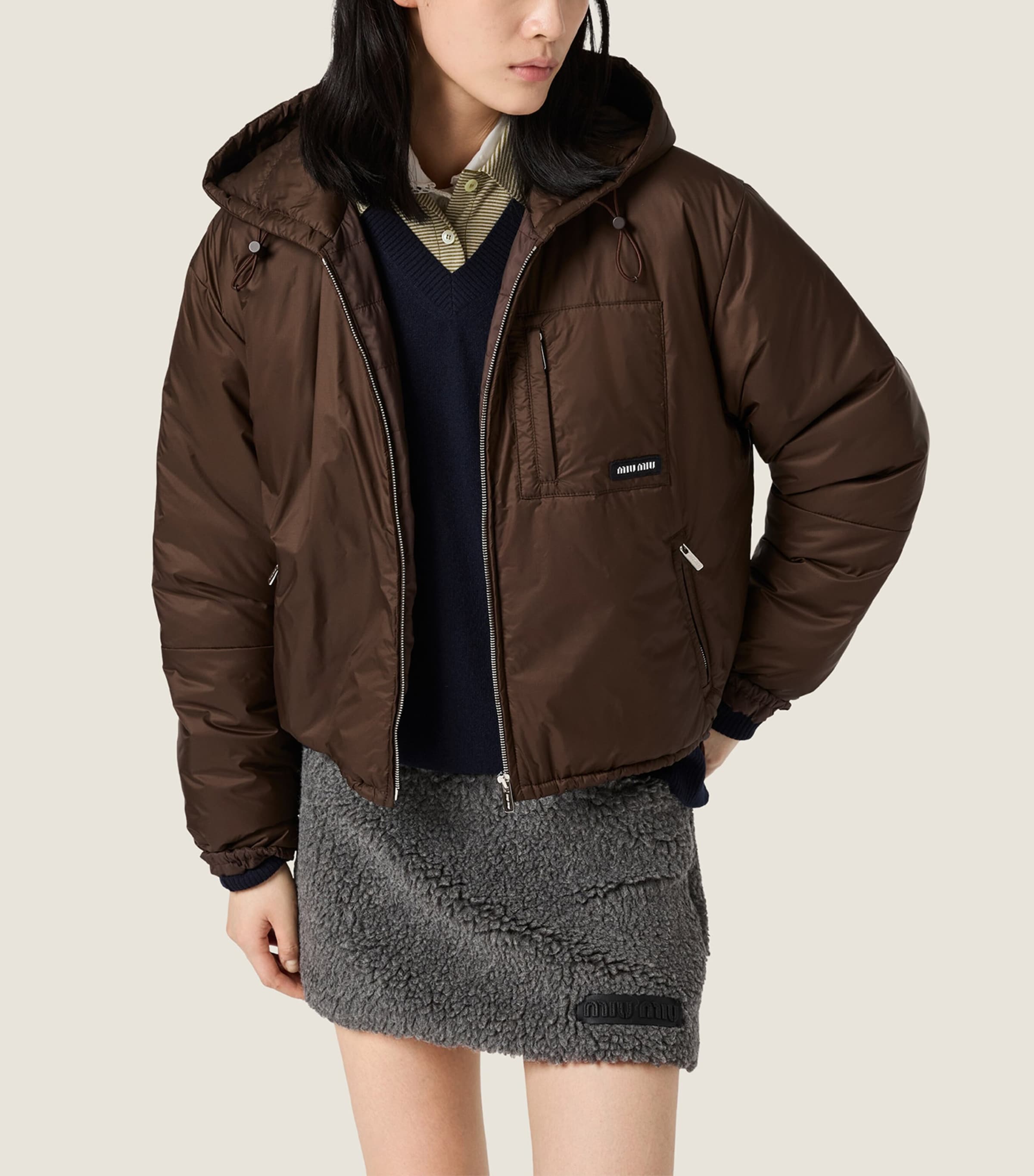 Miu Miu Womens Ripstop Cropped Puffer Jacket Brown Image 2