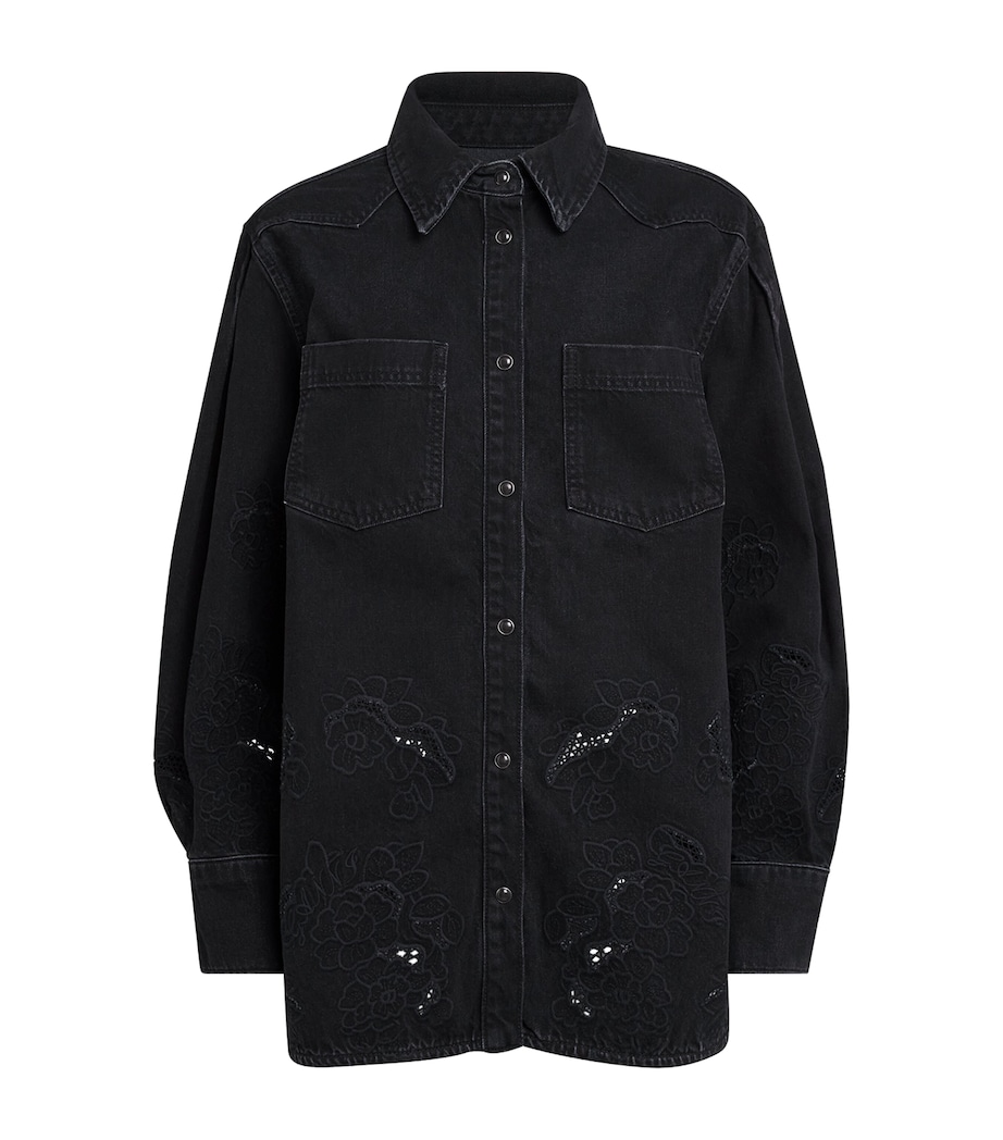 GANNI Womens Broderie Anglaise Denim Jacket Black Washed Image 1