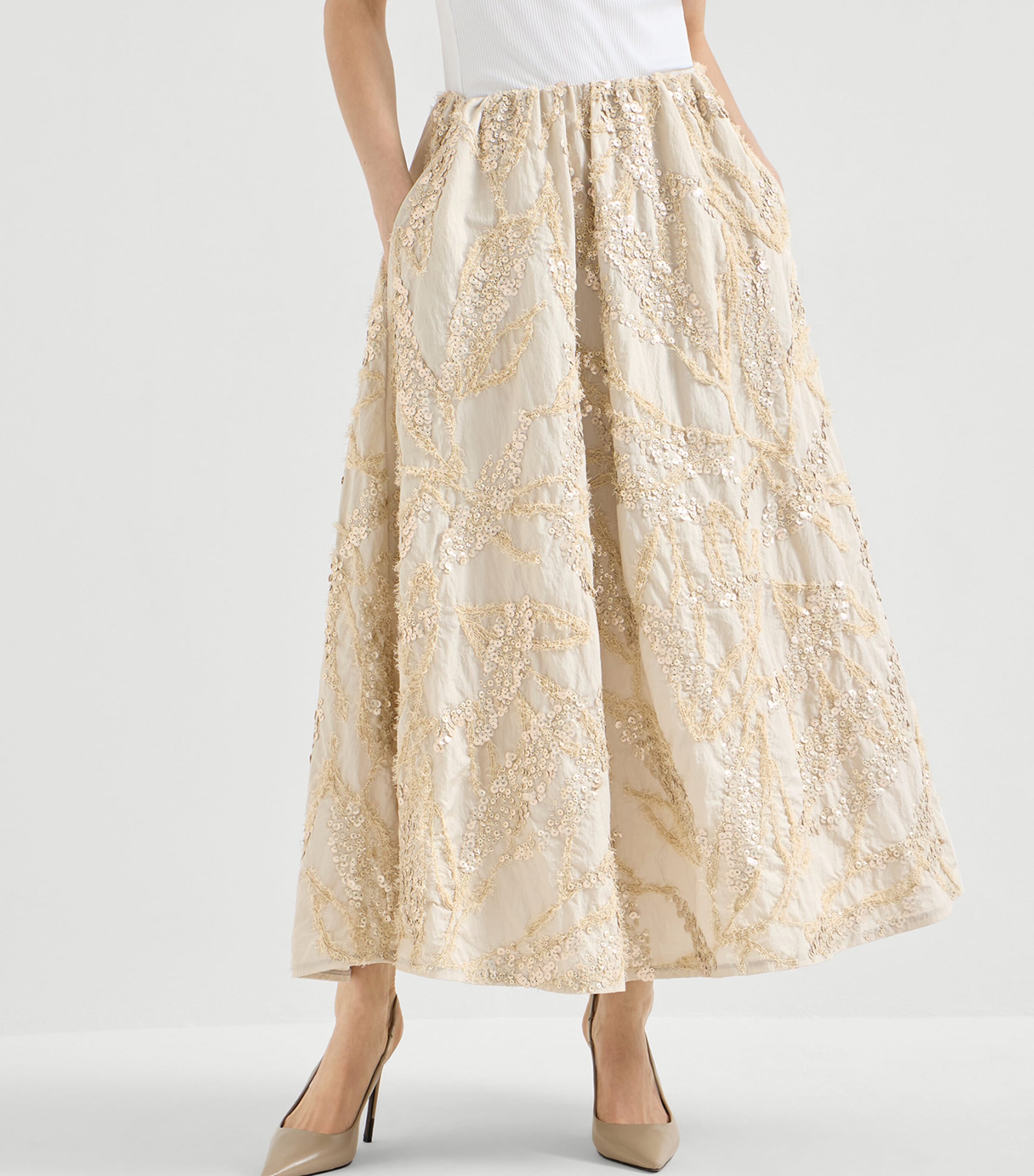 Brunello Cucinelli Womens Cotton-Blend Embroidered Midi Skirt Image 3