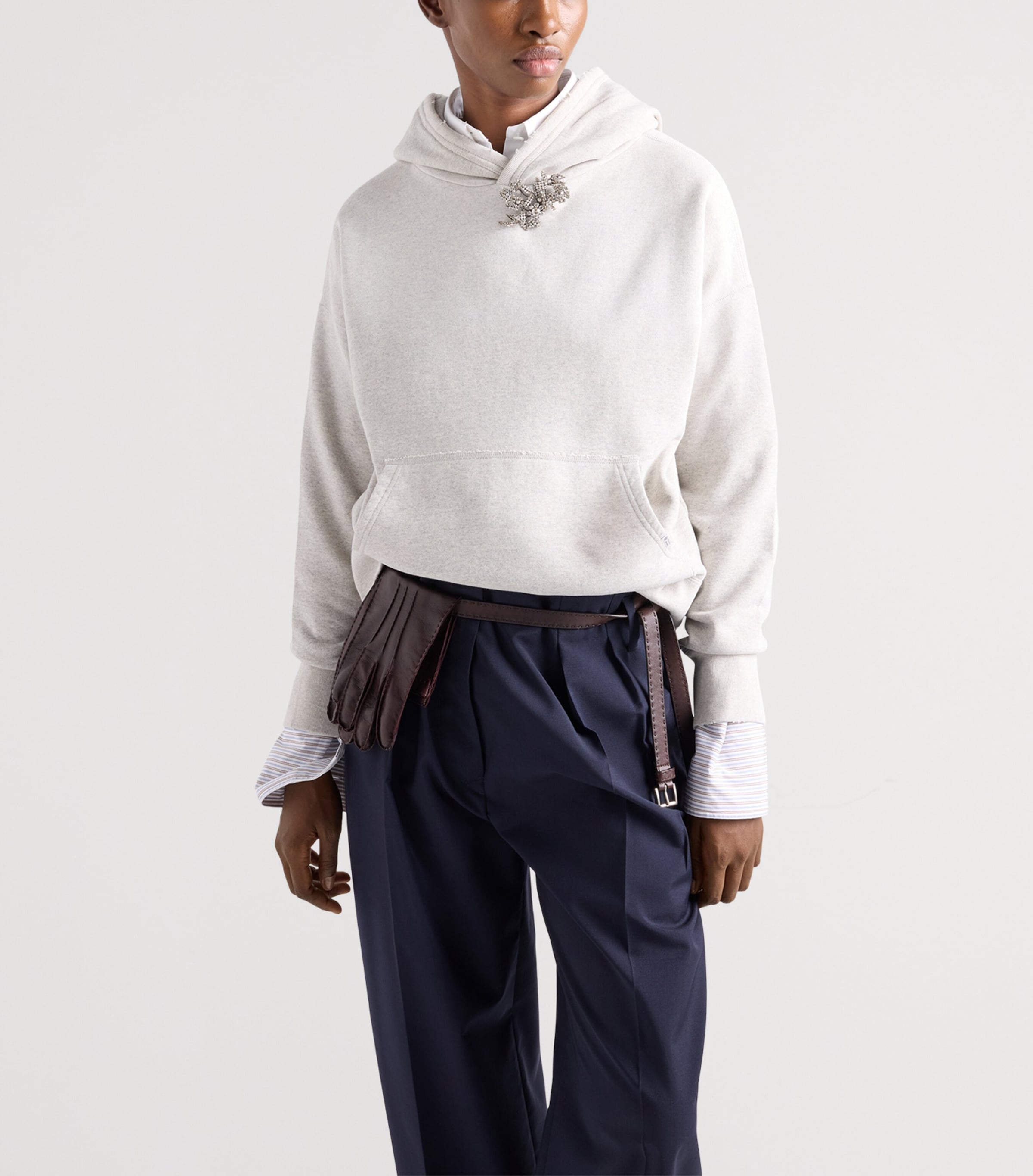 Prada Womens Cotton Fleece Hoodie with Jewelled Brooch Grey Image 4