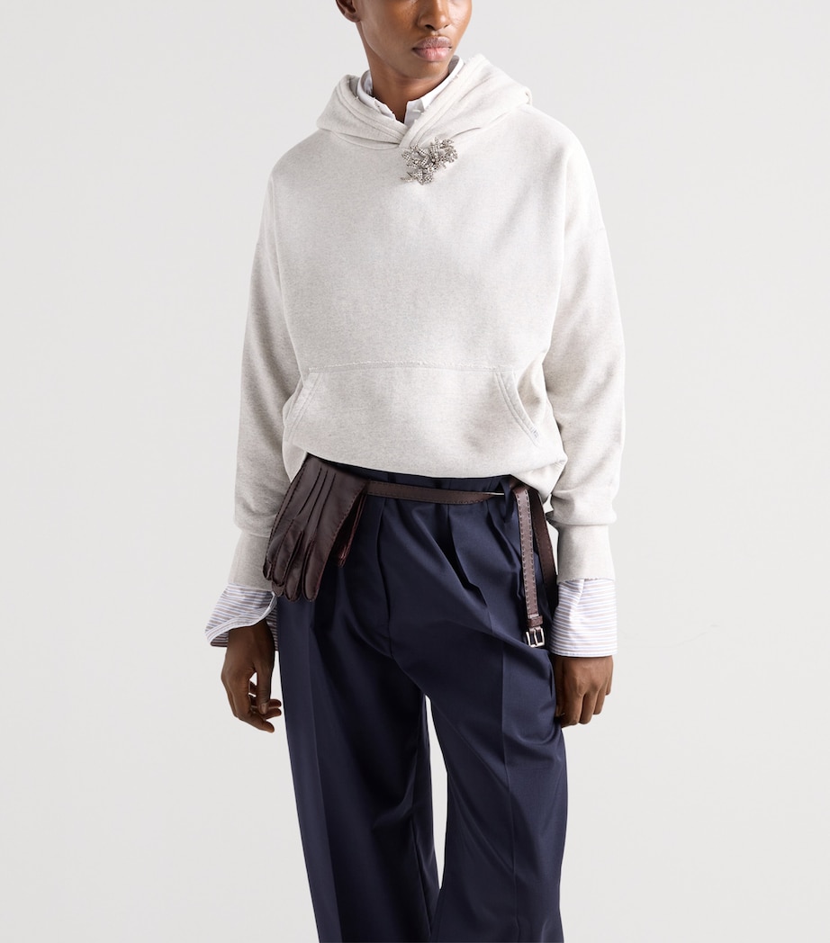 Prada Womens Cotton Fleece Hoodie with Jewelled Brooch Grey Image 4