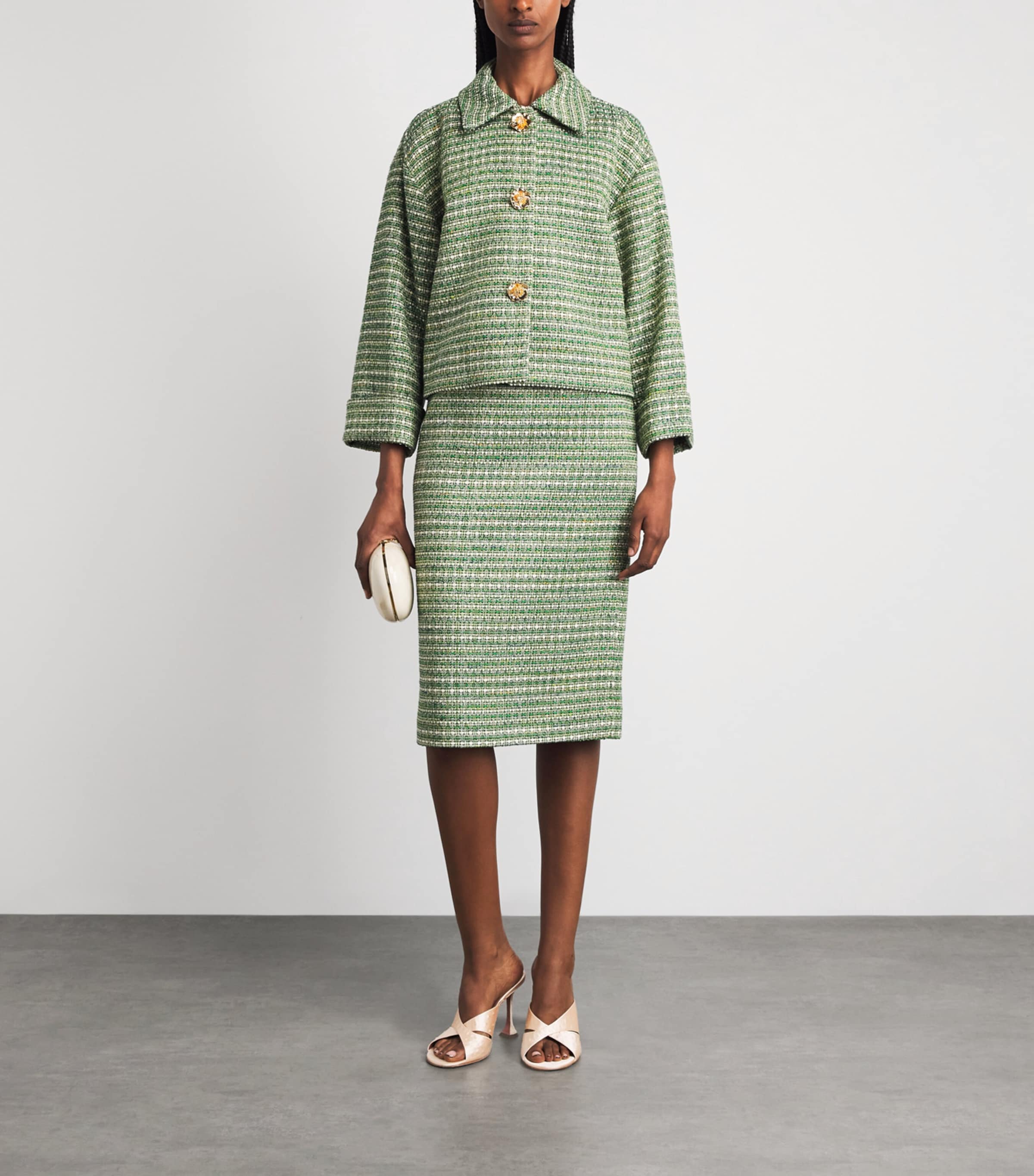 Carolina Herrera Womens Tweed Pencil Skirt Green Multi Image 2