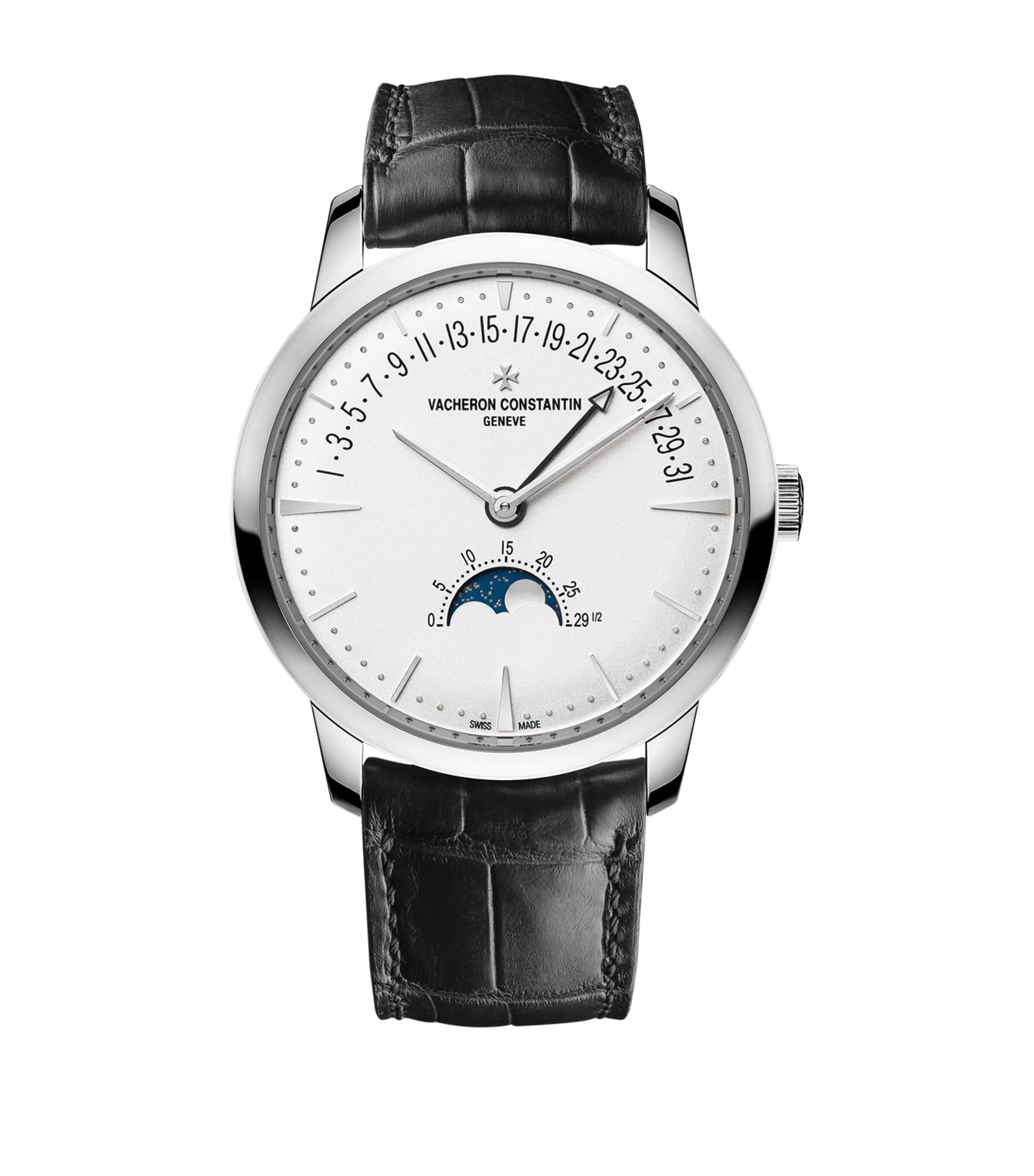 Vacheron Constantin White Gold Patrimony Moon Phase Retrograde Date Watch In Black