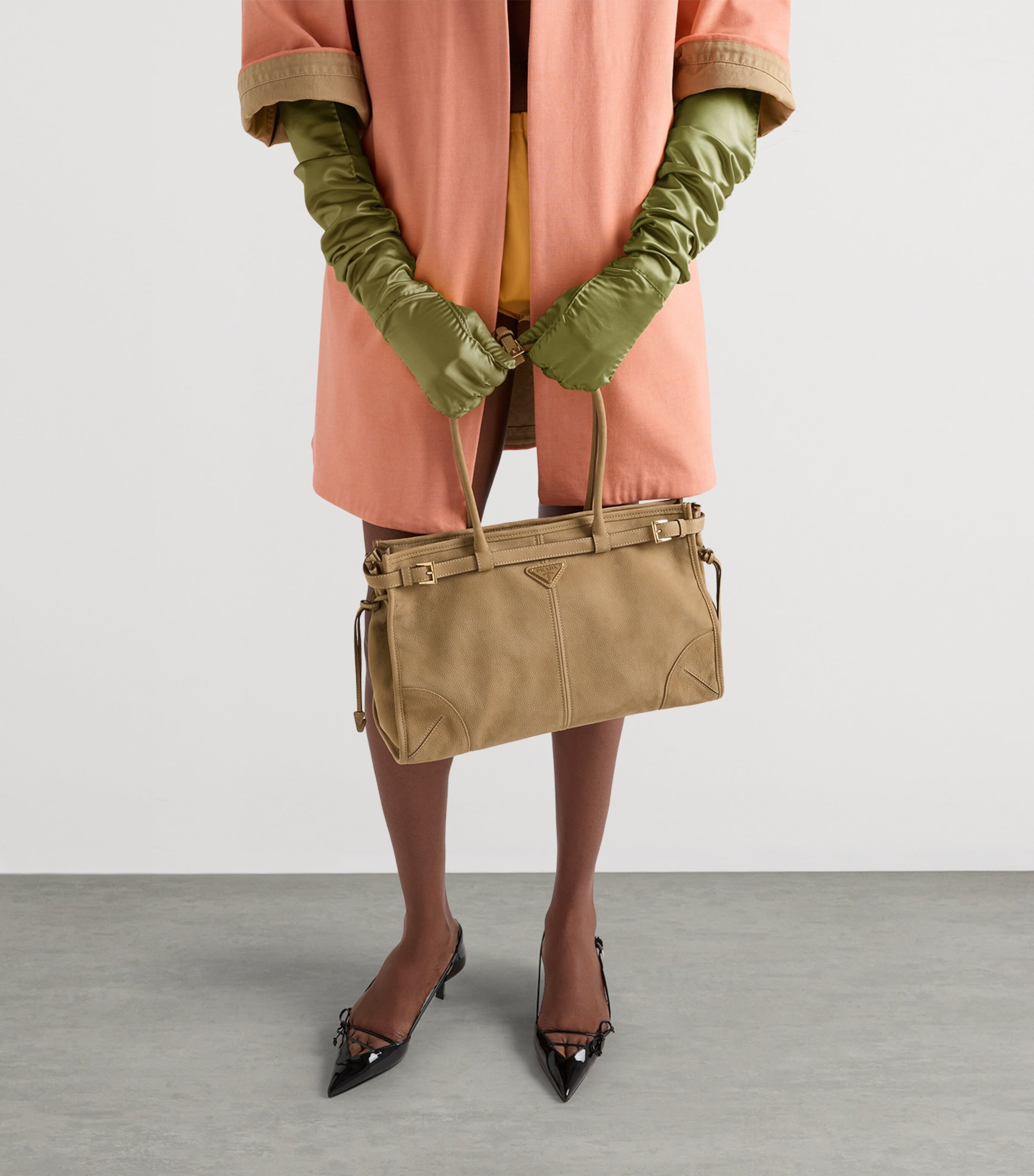 Prada Large Nubuck Leather Bonnie Top-Handle Bag Neutral Image 2