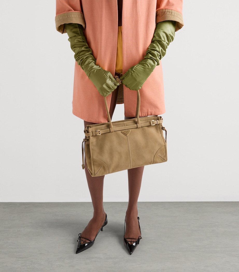 Prada Large Nubuck Leather Bonnie Top-Handle Bag Neutral Image 2
