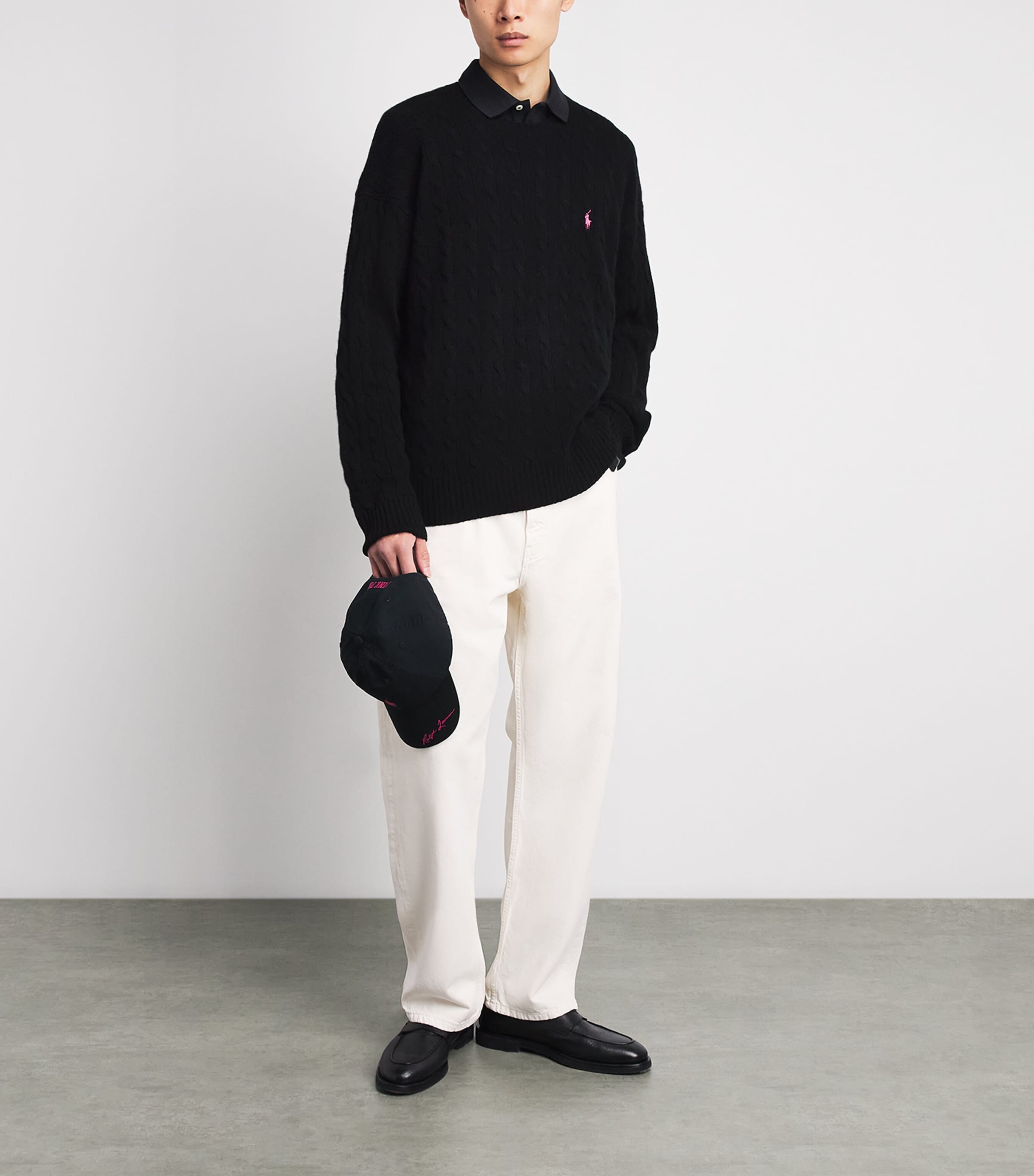 Polo Ralph Lauren Mens Wool-Cashmere Pink Pony Cable-Knit Sweater Polo Black Image 2