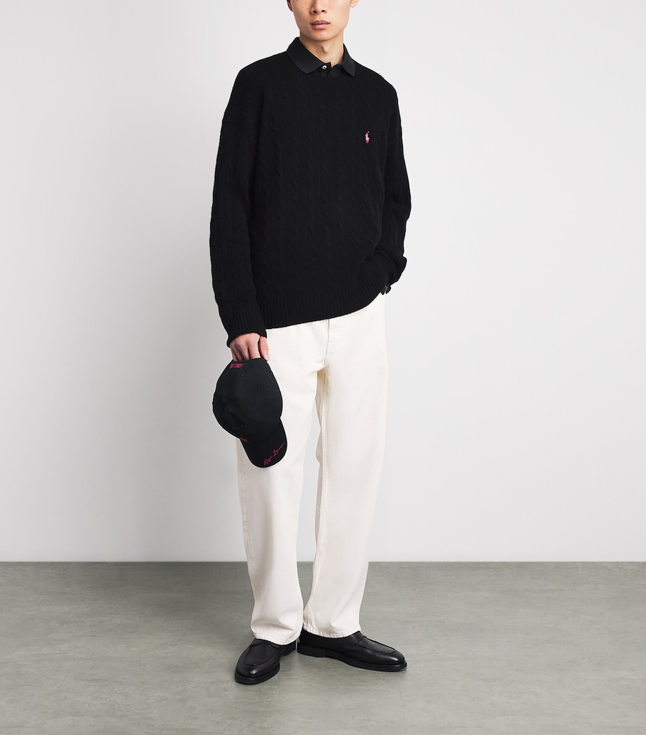 Polo Ralph Lauren Mens Wool-Cashmere Pink Pony Cable-Knit Sweater Polo Black Image 2