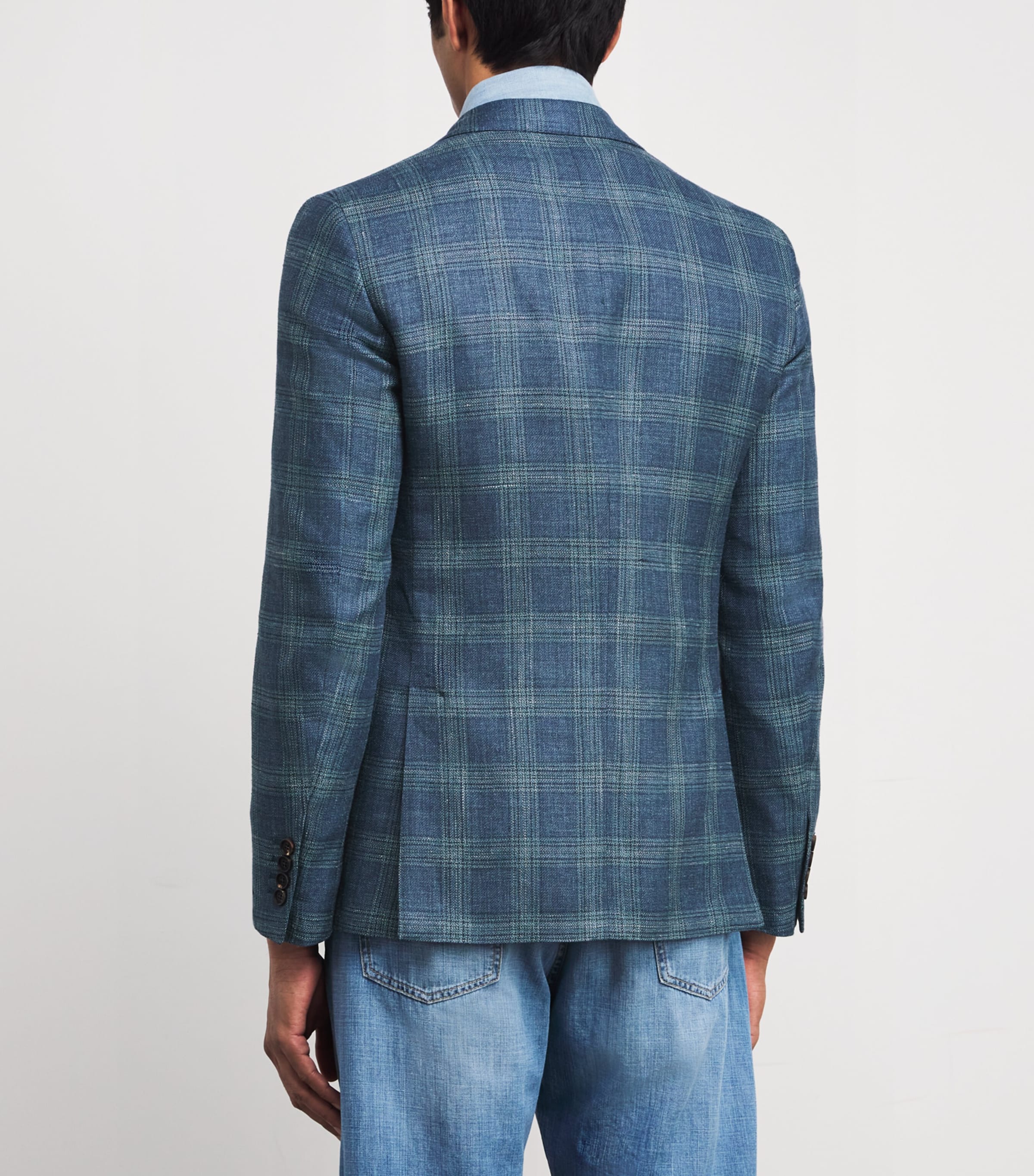 Silk-Linen-Wool Check Blazer 12 BLUE Image 4