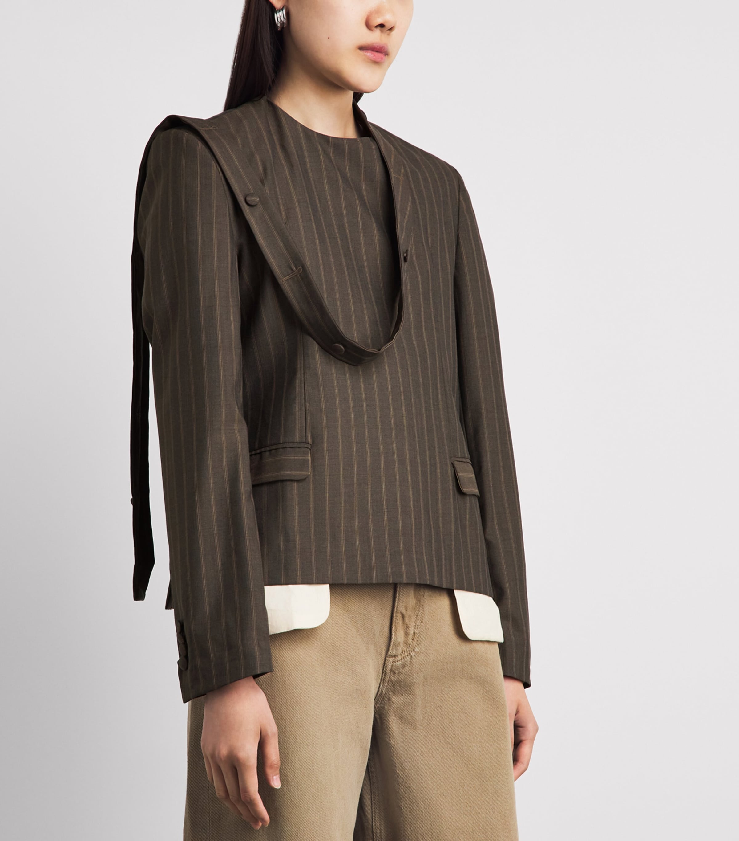 LATE FOR WORK Womens Striped Scarf-Detail Jacket Brn Str Image 4