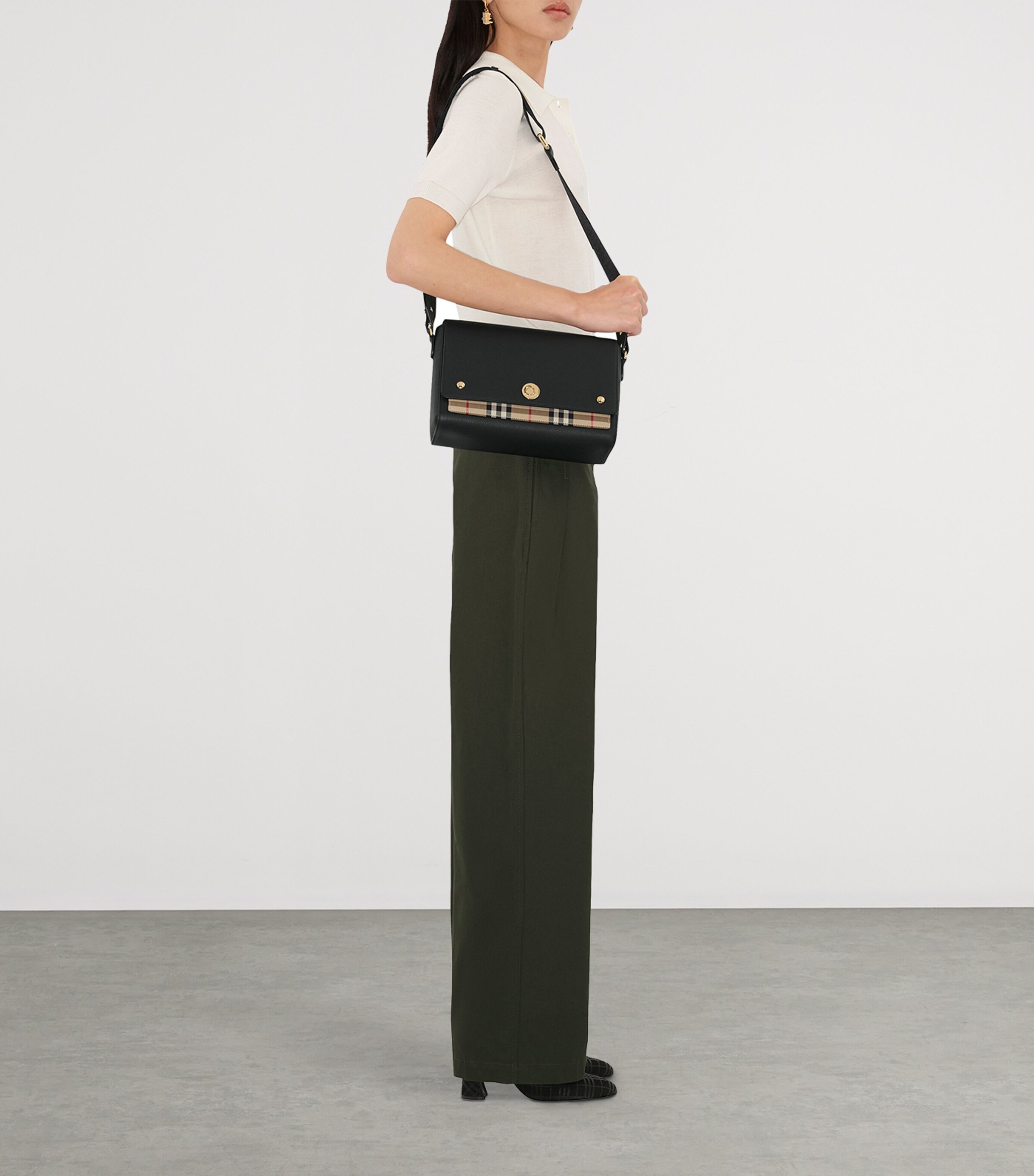 Leather Check-Lined Cross-Body Bag BLACK Image 3