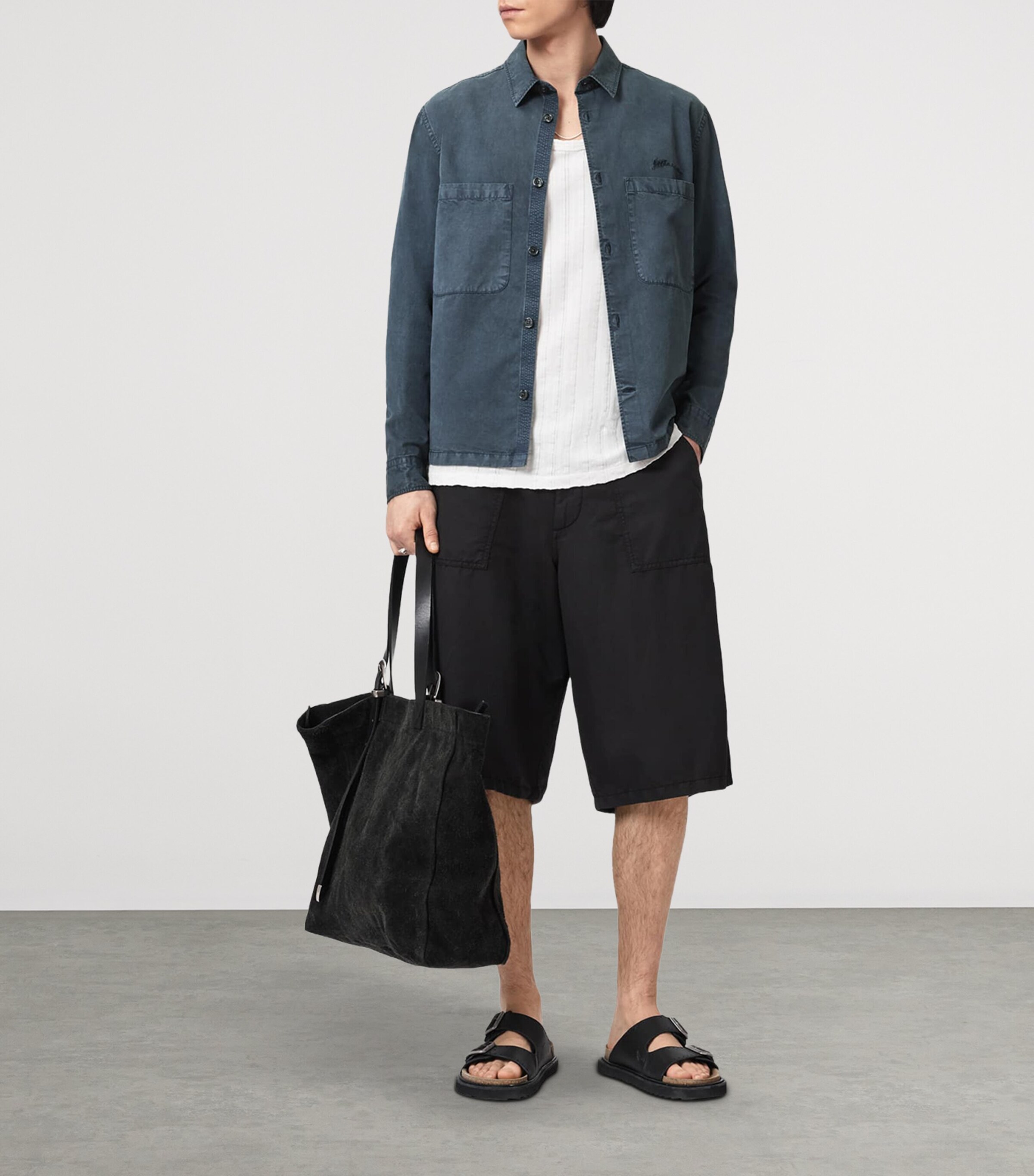 AllSaints Mens Organic Cotton-Blend Rohdi Overshirt Dark Steel Blue Image 6