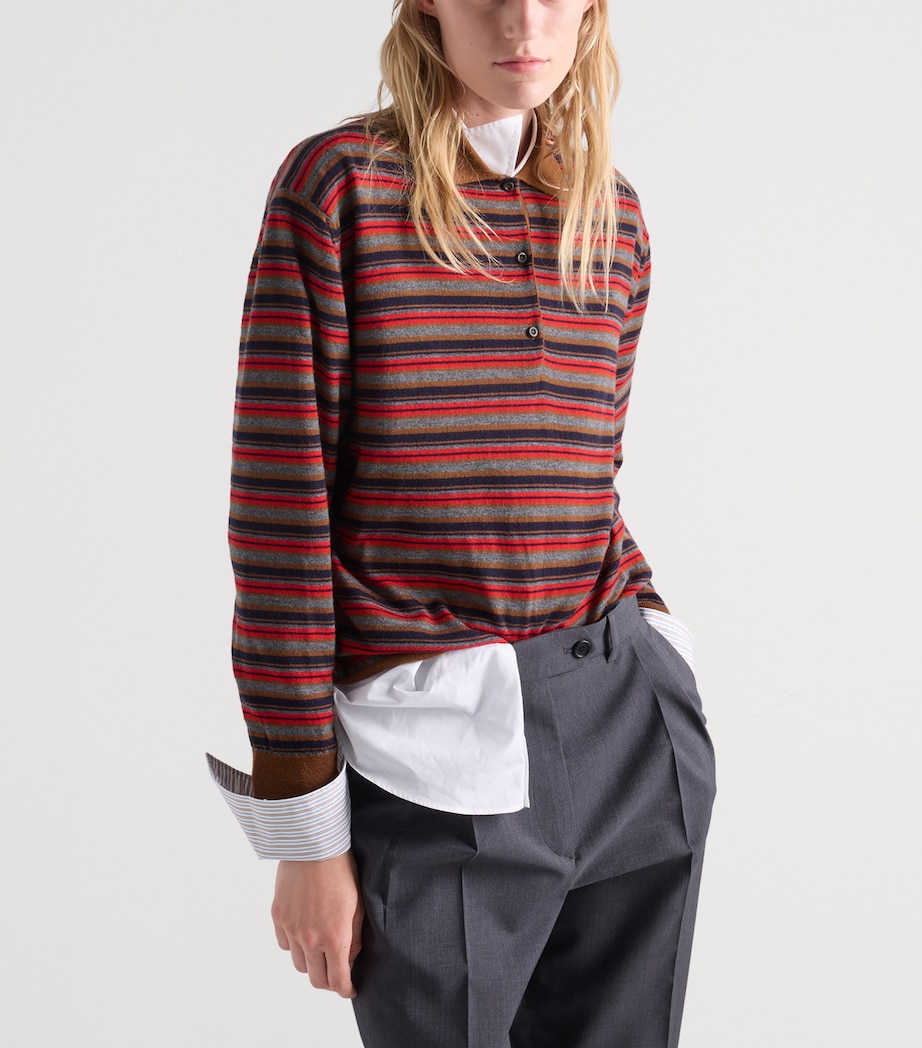 Prada Womens Cashmere Stripe Polo Sweater Brown Image 4