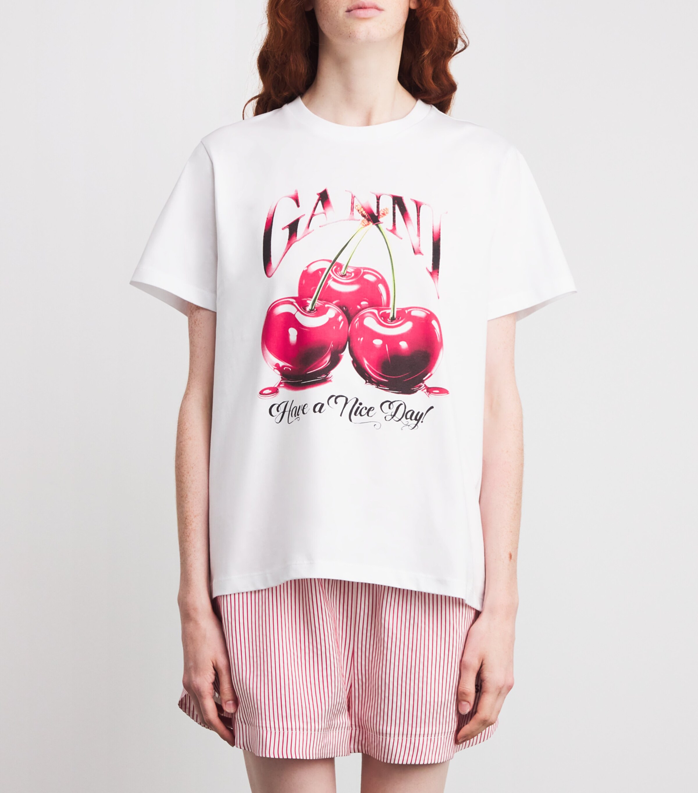 GANNI Womens Organic Cotton Cherry T-Shirt Bright White Image 3