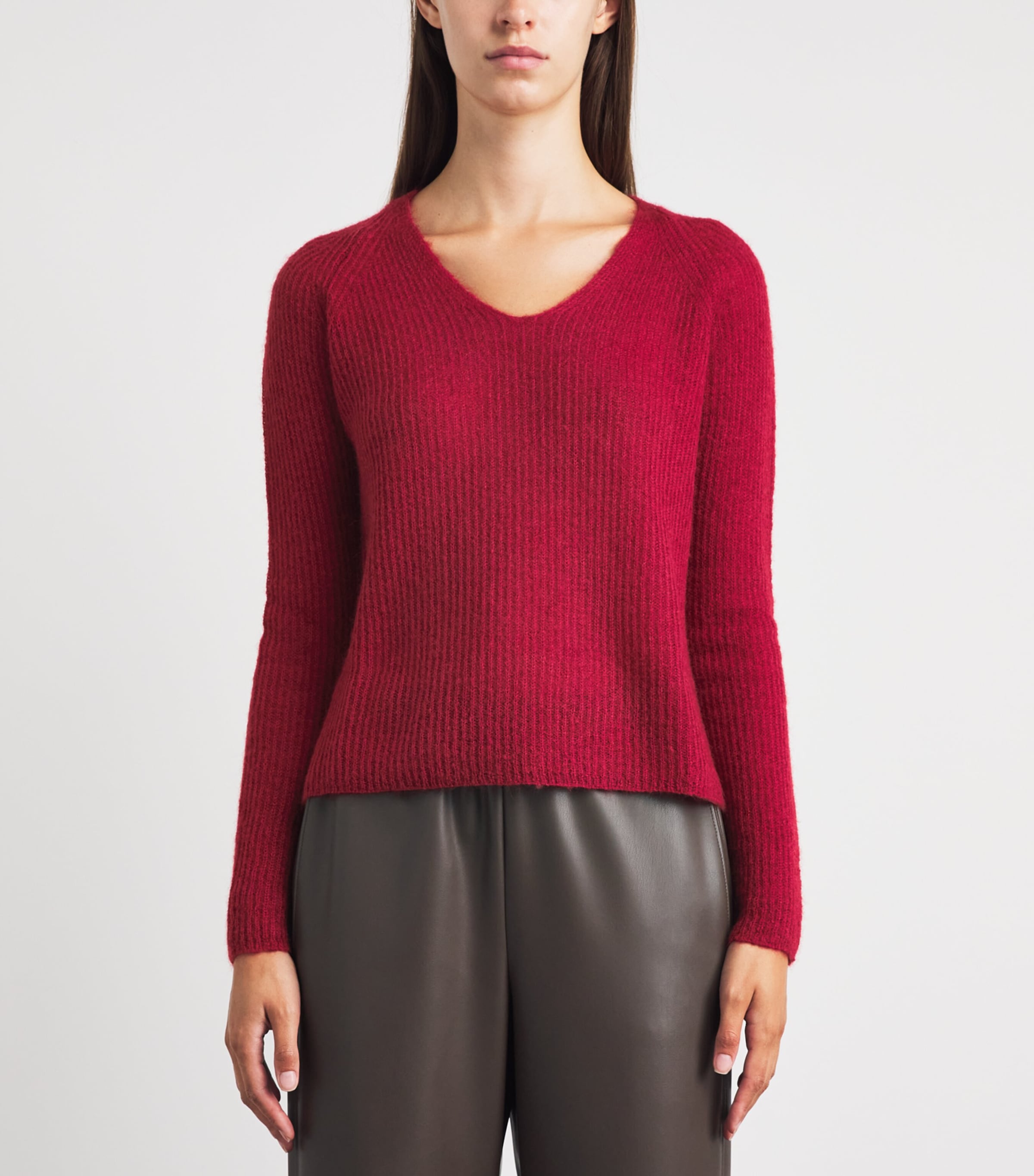 MM Womens Ribbed V-Neck Sweater Dark Red Image 4