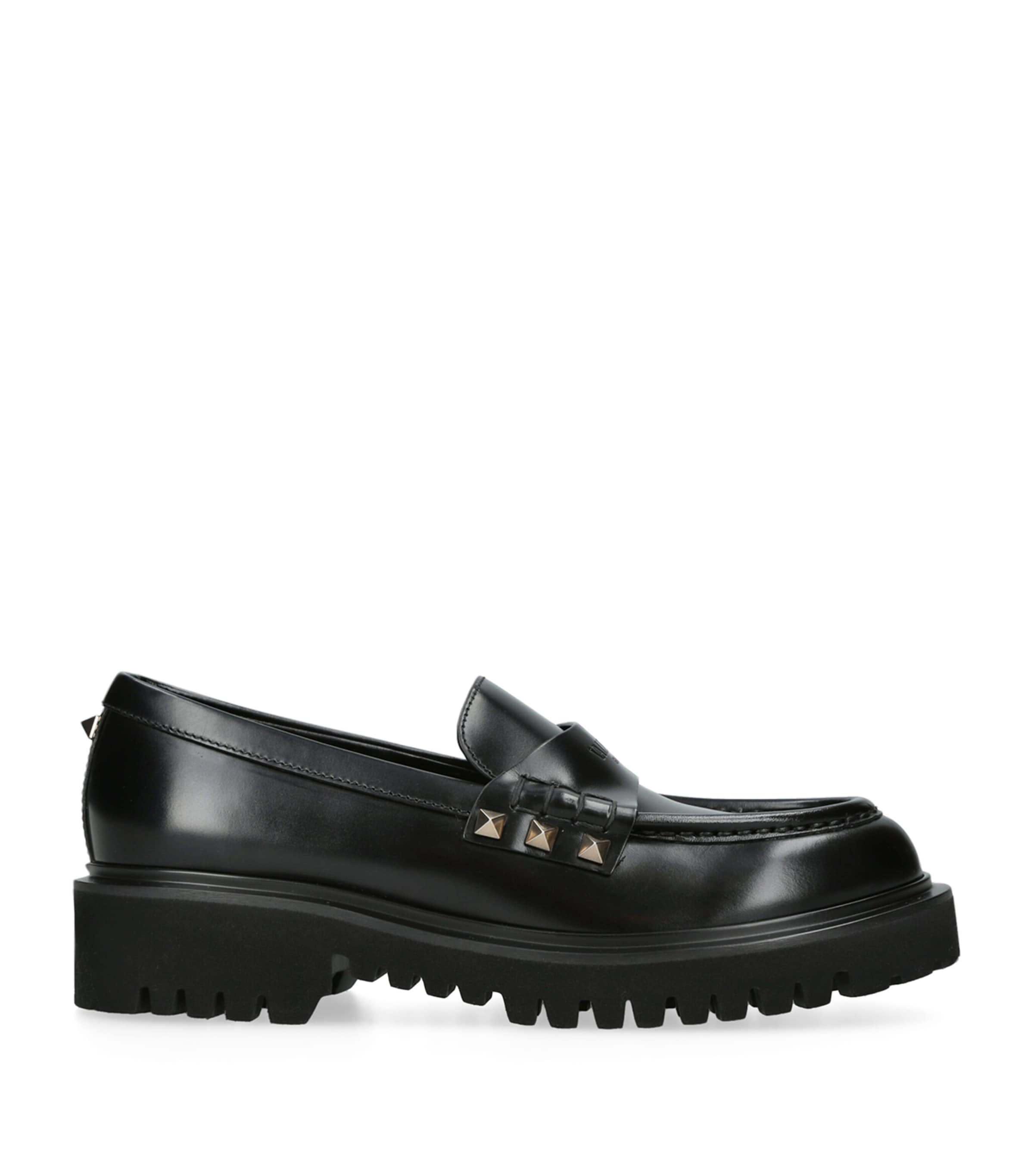 Shop Valentino Leather Rockstud Loafers 50 In Black