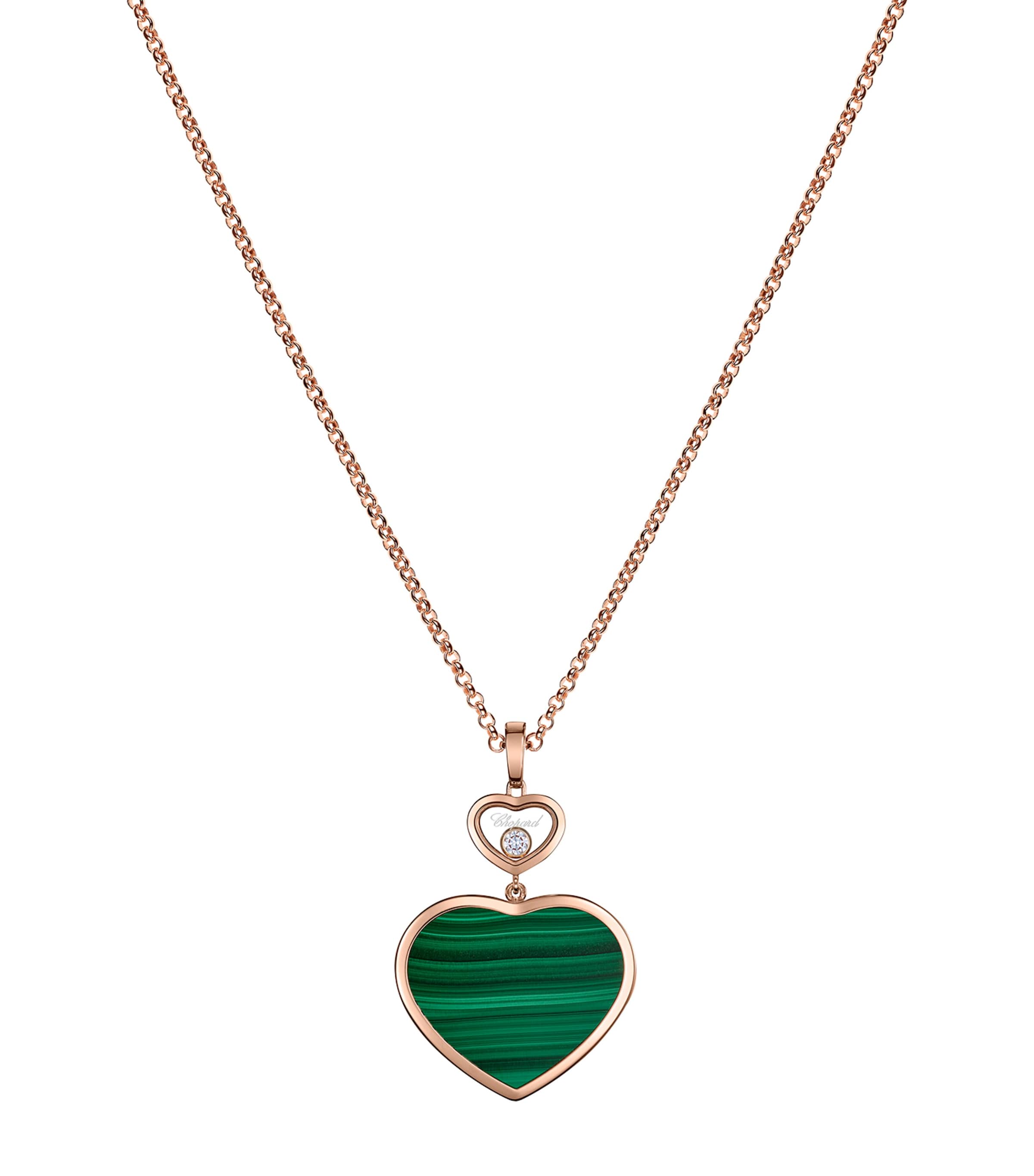 Shop Chopard Rose Gold, Diamond And Malachite Happy Hearts Pendant Necklace