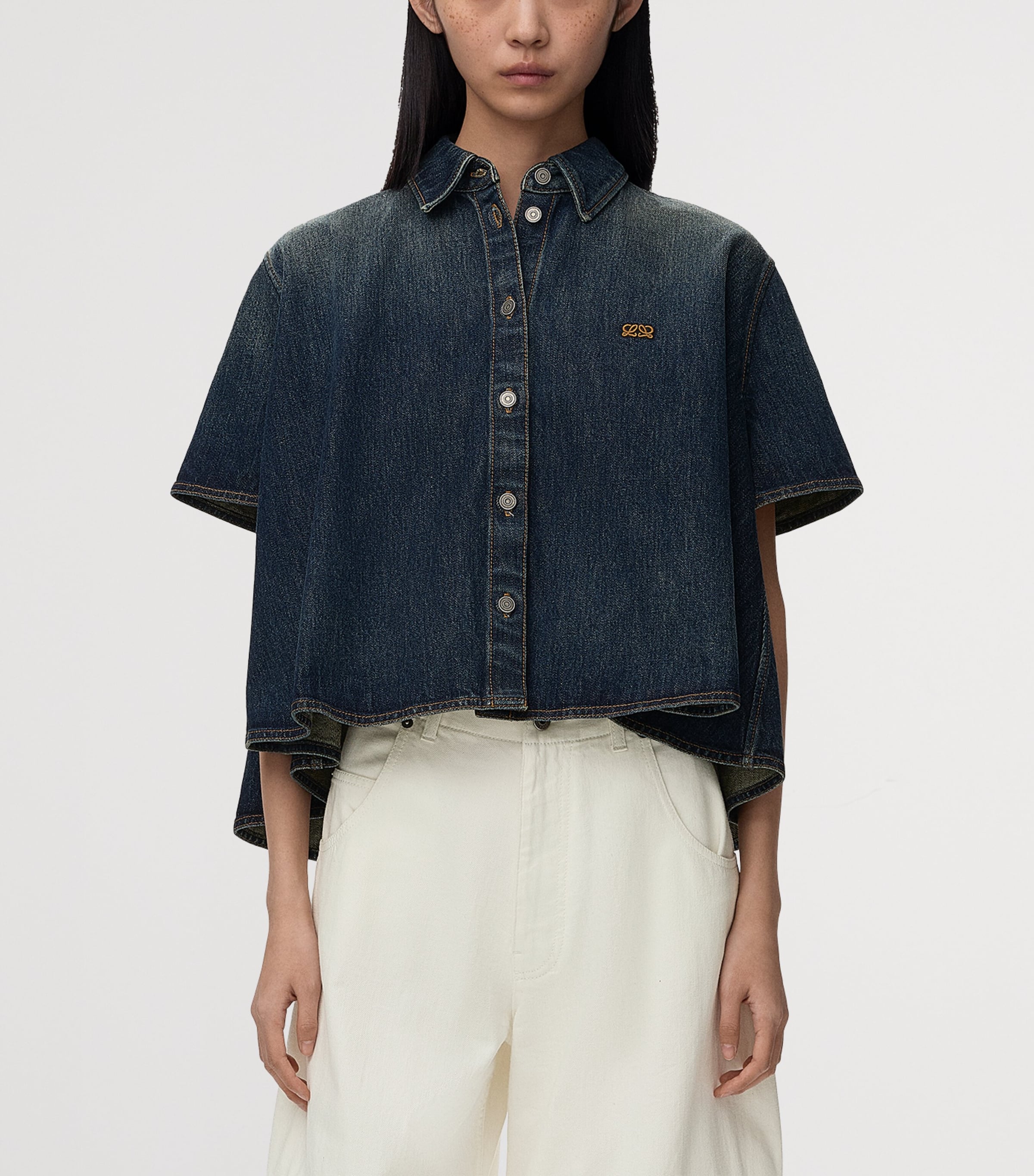 LOEWE Womens Denim Trapeze Short-Sleeve Shirt Dark Blue Image 3