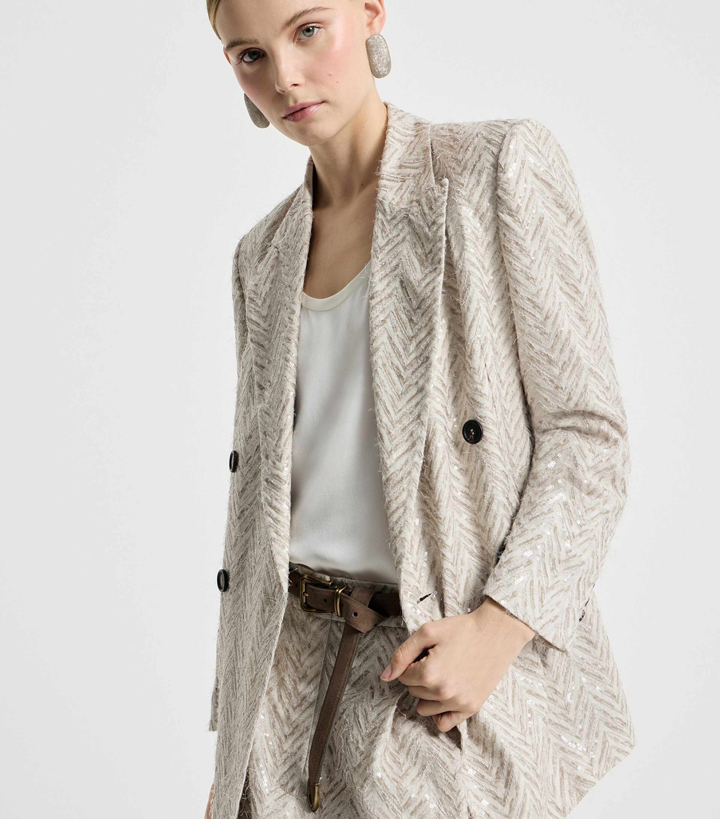Brunello Cucinelli Womens Linen Chevron Double-Breasted Blazer Image 4