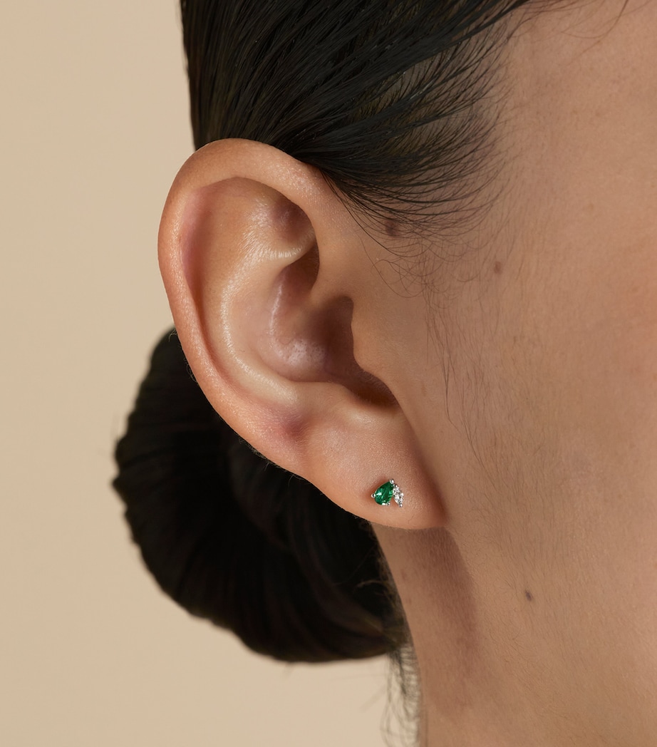 White Gold, Diamond and Emerald Stud Earrings WHITE GOLD Image 2