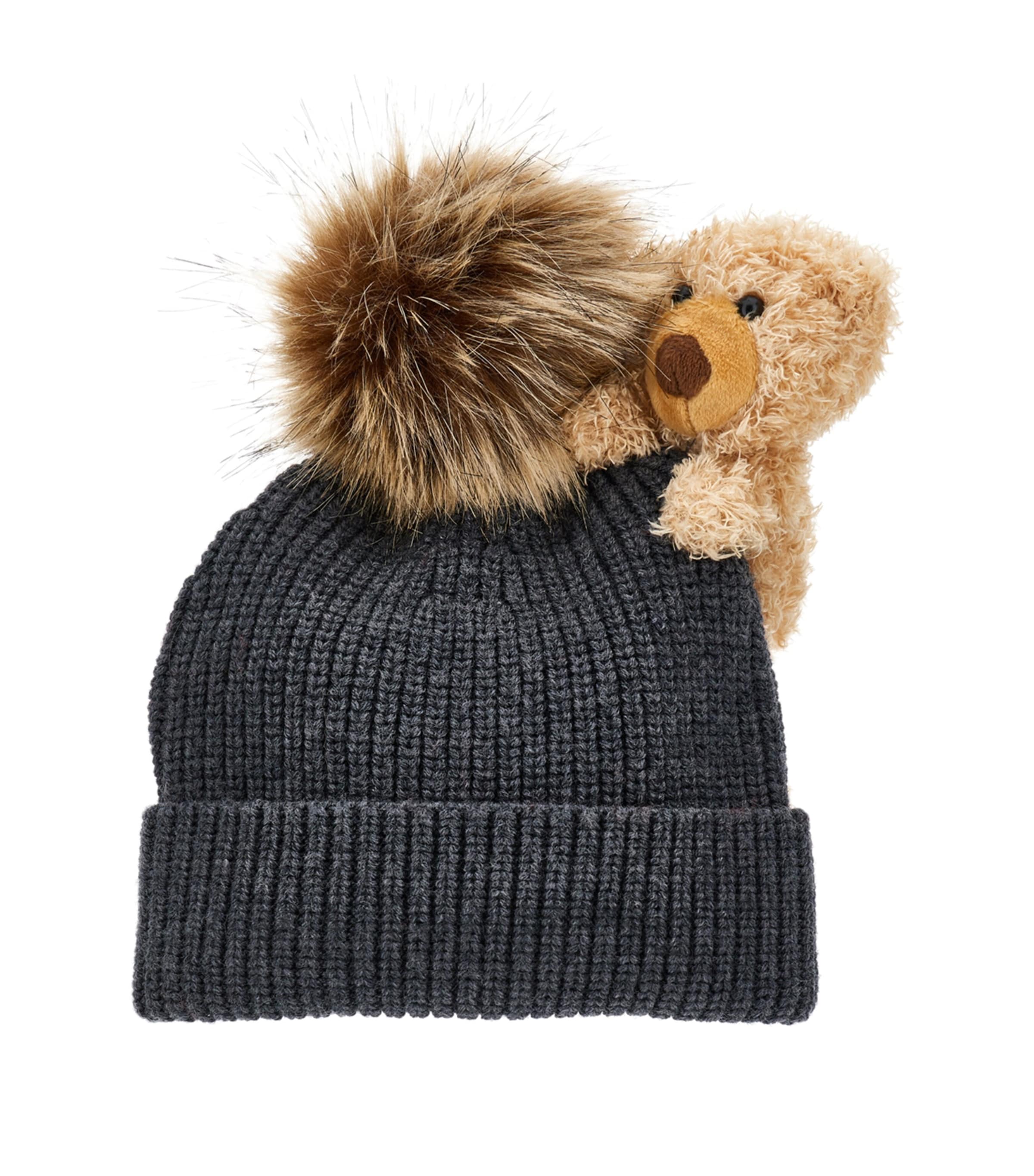 Monnalisa Teddy Bear-detail Ribbed Beanie In Gray
