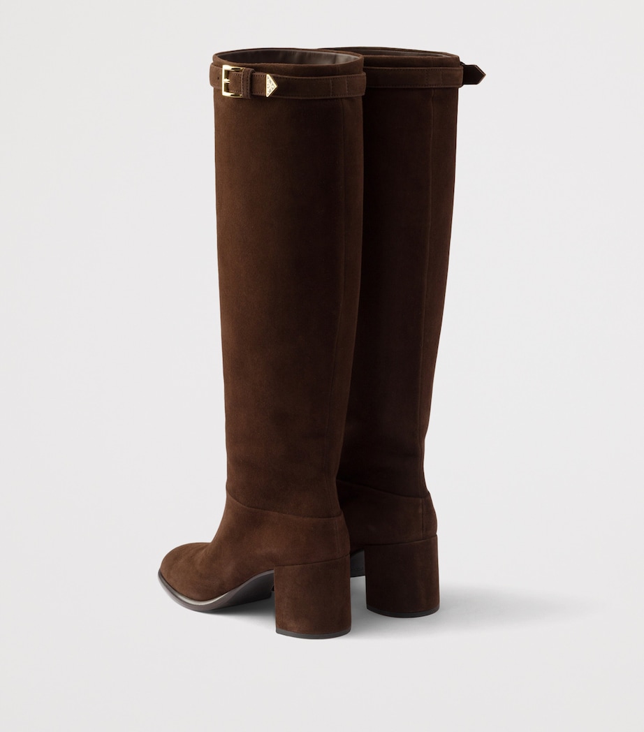 Prada Womens Suede Knee-High Heeled Boots 65 Brown Image 4