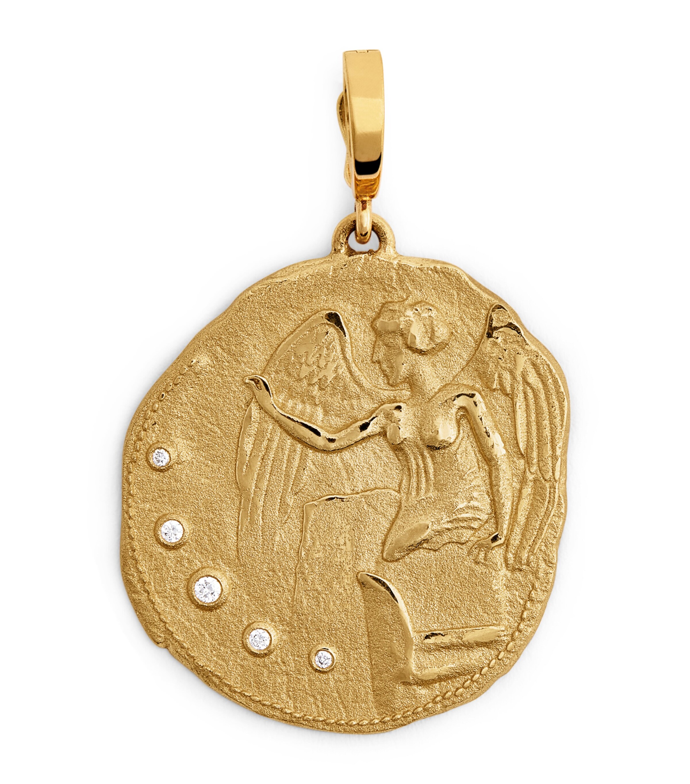 AZLEE　DIAMONDS BAR GODDESS COIN18K Azlee Large Yellow Gold and Diamond Goddess of Victory Coin Charm