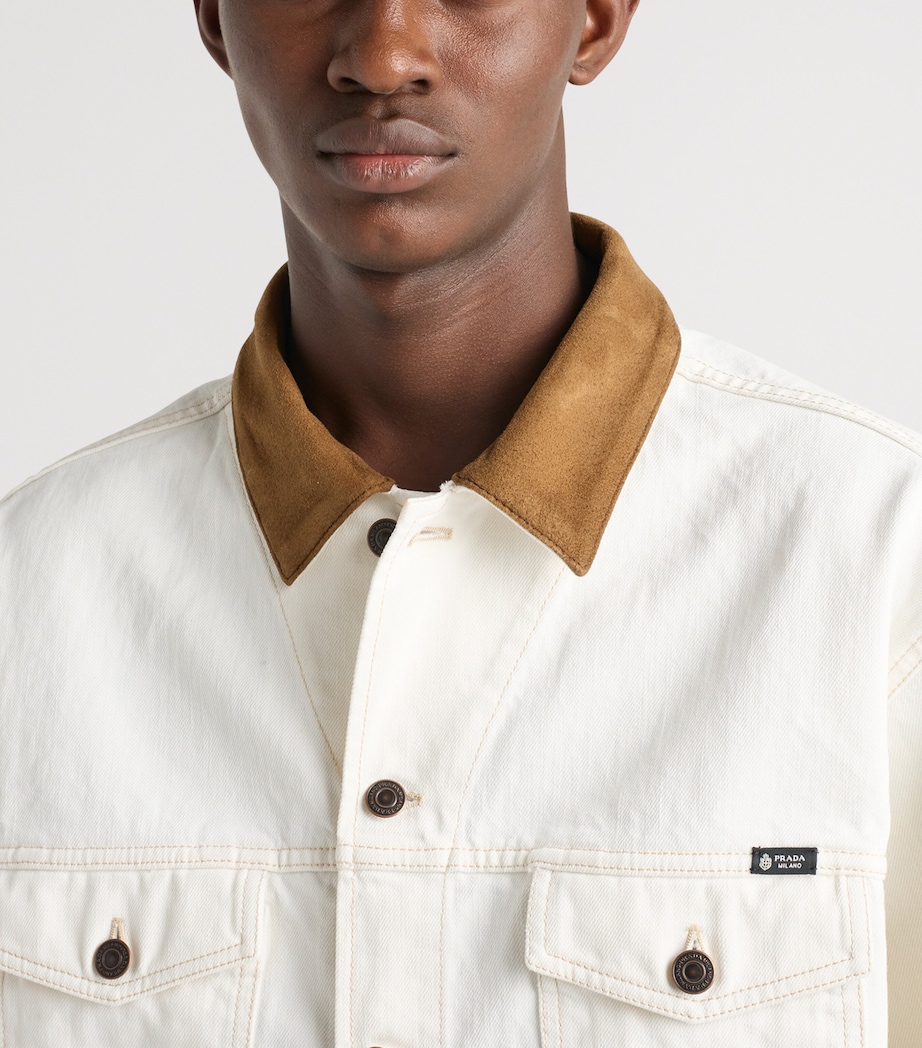 Prada Mens Leather-Collar Denim Jacket White Image 3