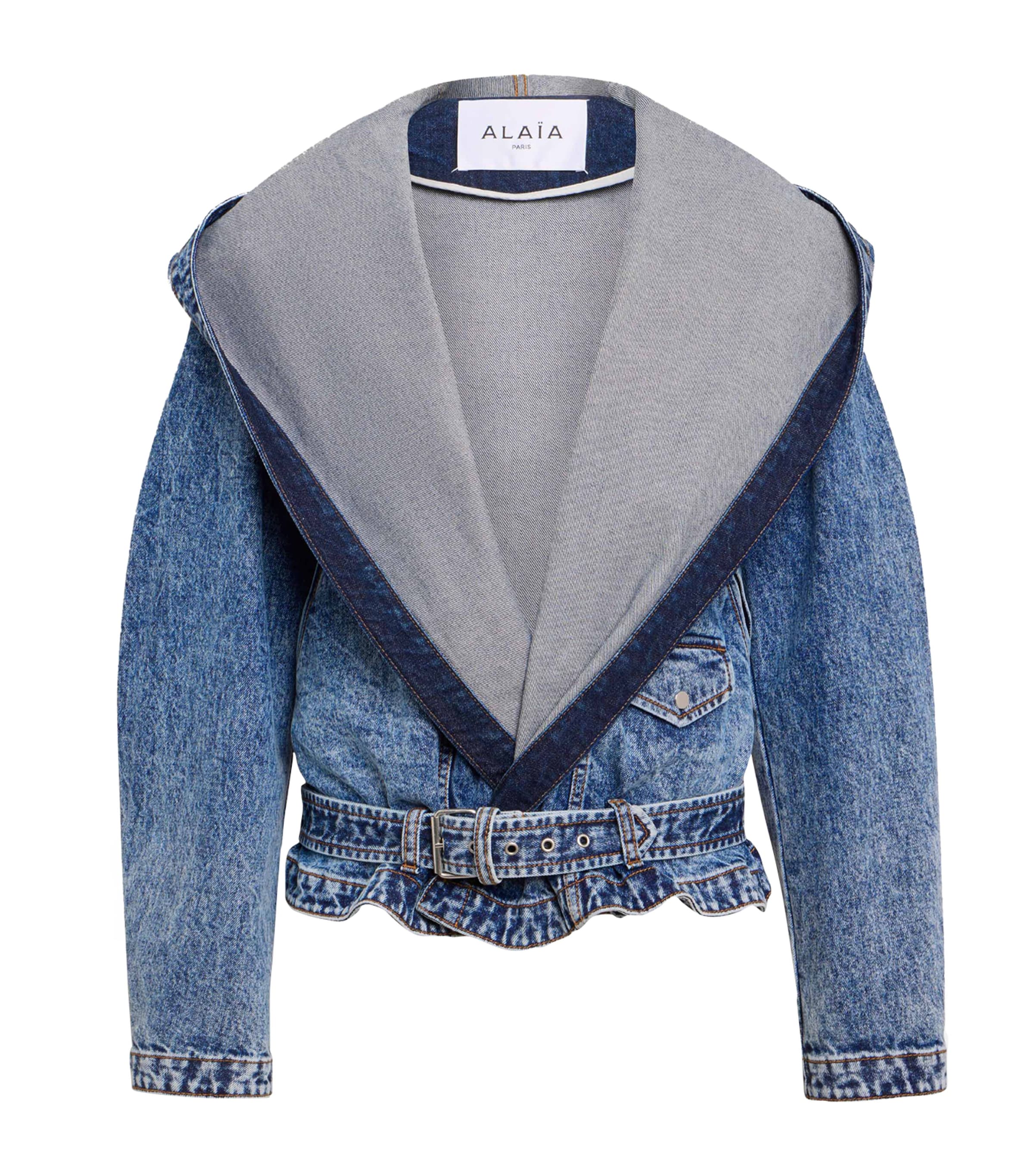 Alaïa Denim Hooded Biker Jacket In Blue