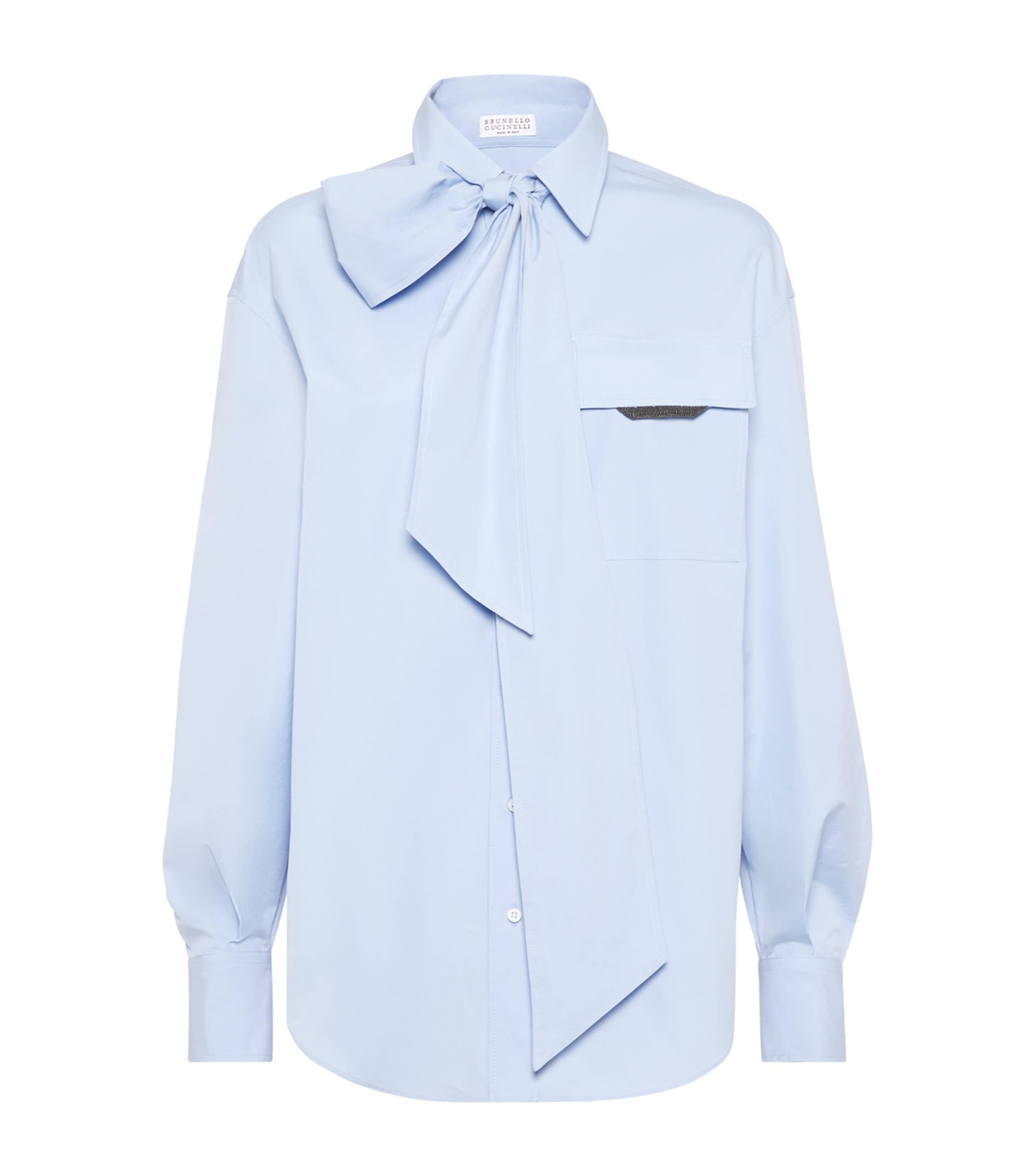 Brunello Cucinelli Cotton Poplin Pussybow Shirt In Blue