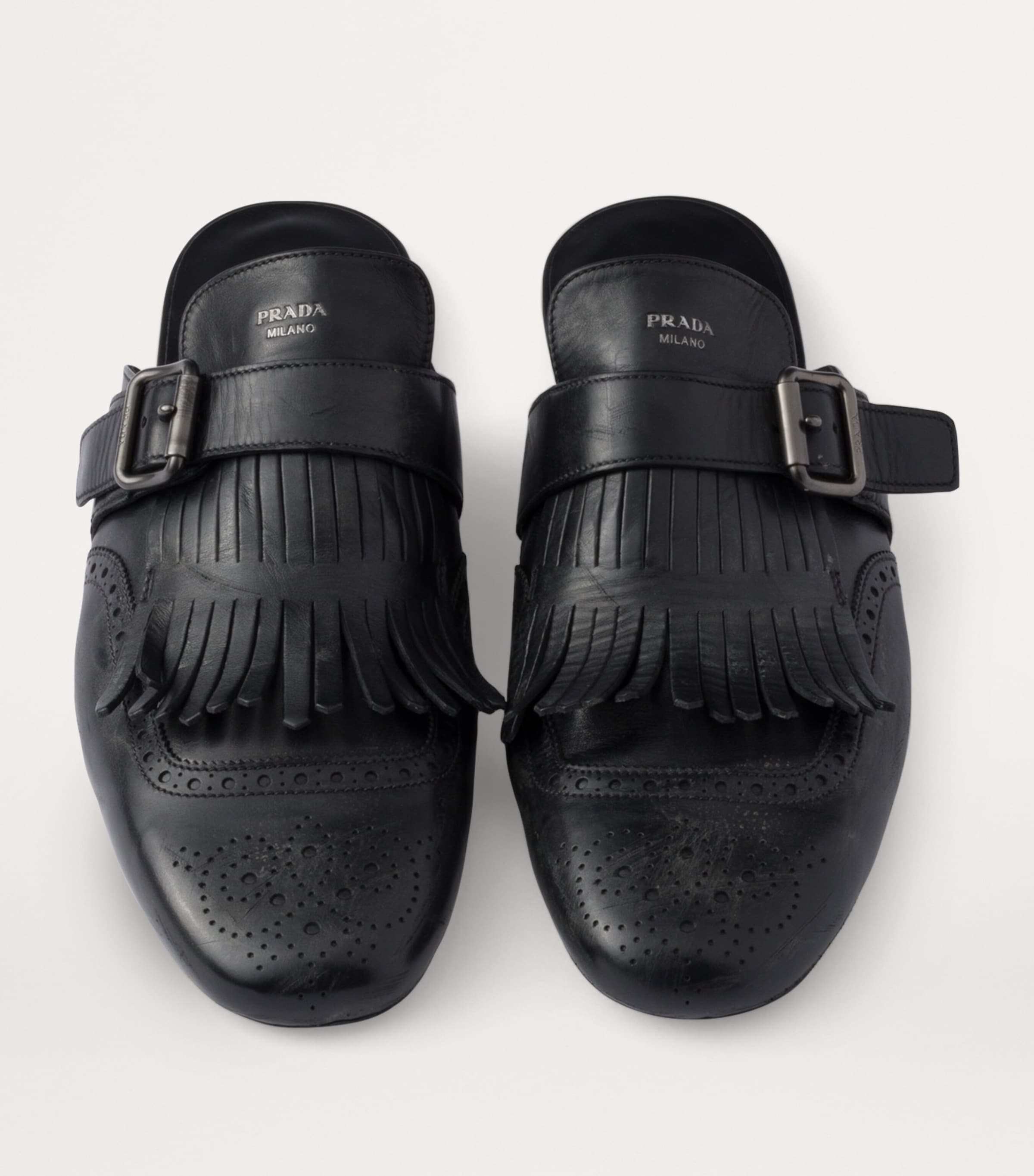 Prada Black Calf Leather Fringed Monk-Strap Mules | Harrods UK