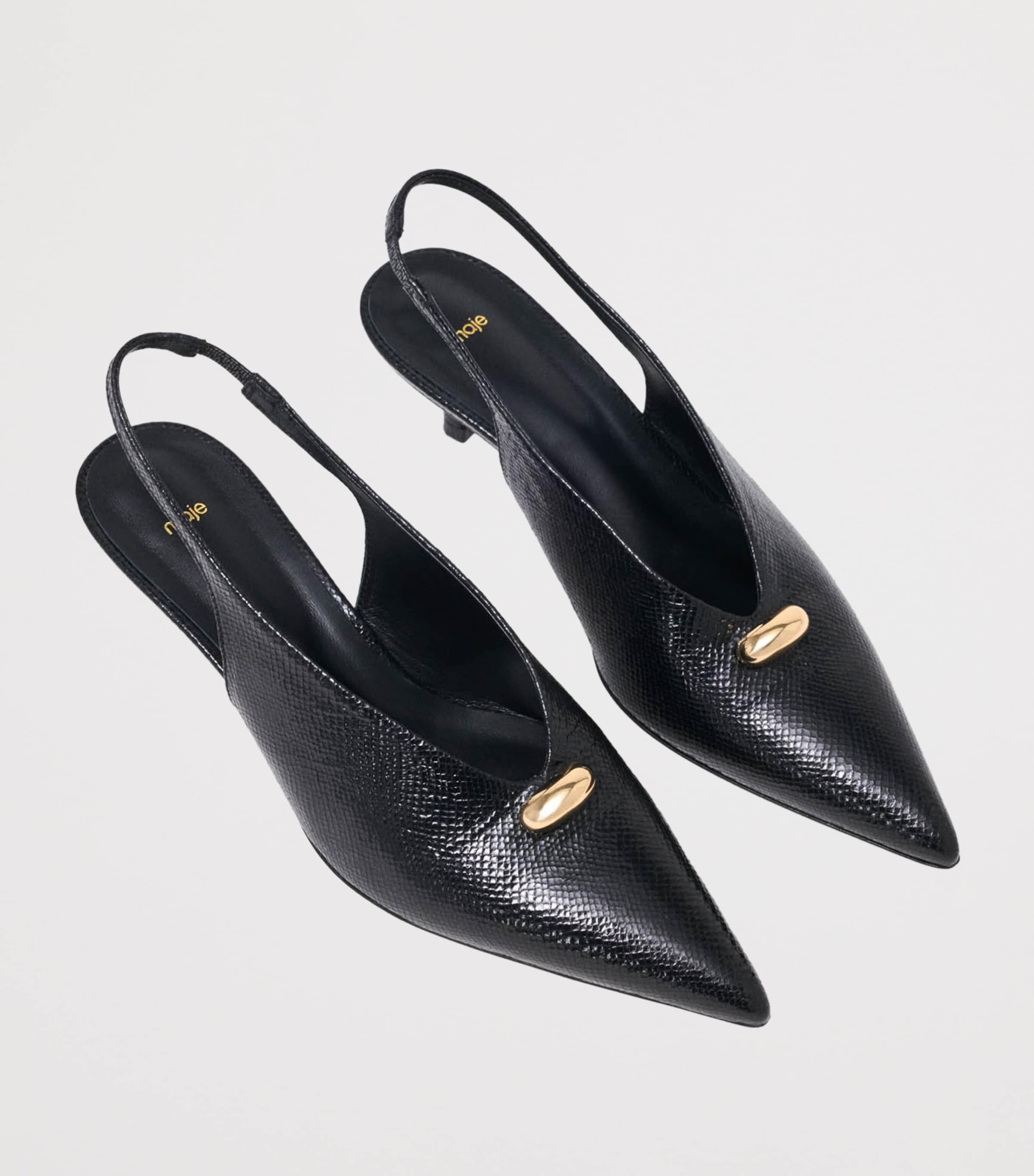 Maje Snakeskin-Embossed Leather Slingback Heels 50 Black Image 2