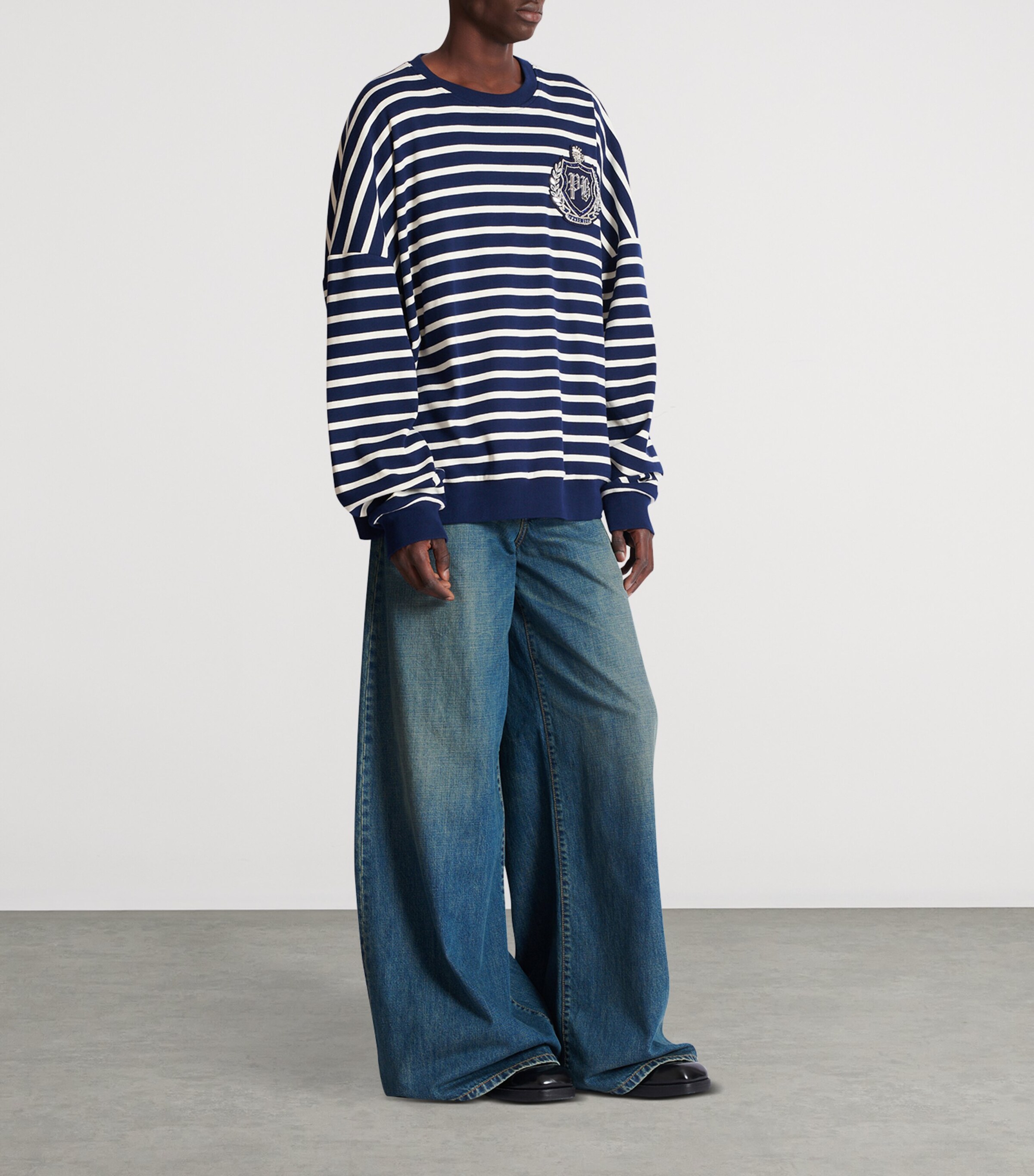 Cotton Striped College Emblem Sweatshirt SFL BLEU/BEIGE Image 7