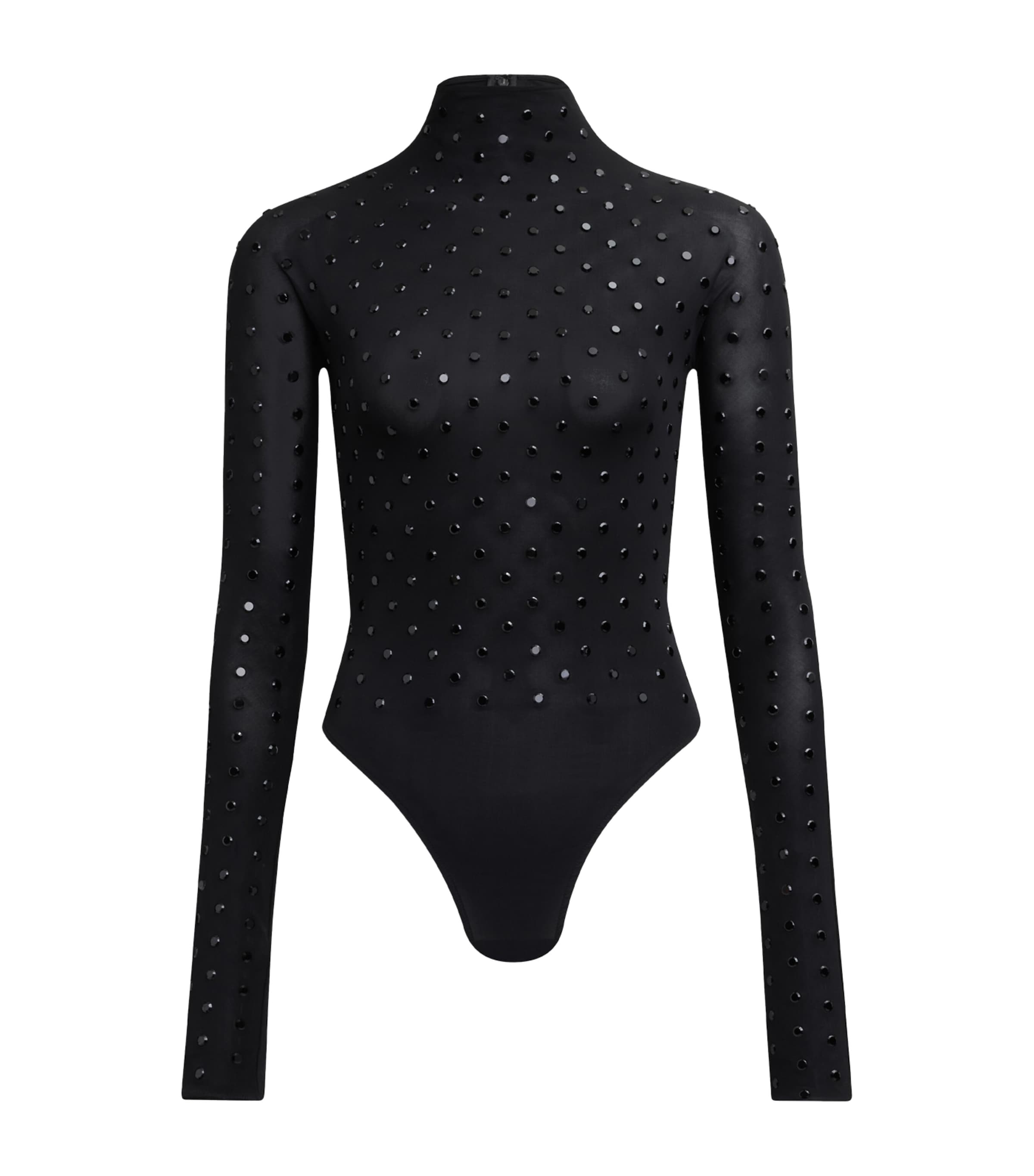 Shop Alaïa Jersey Rhinestone-embellished Bodysuit In Black