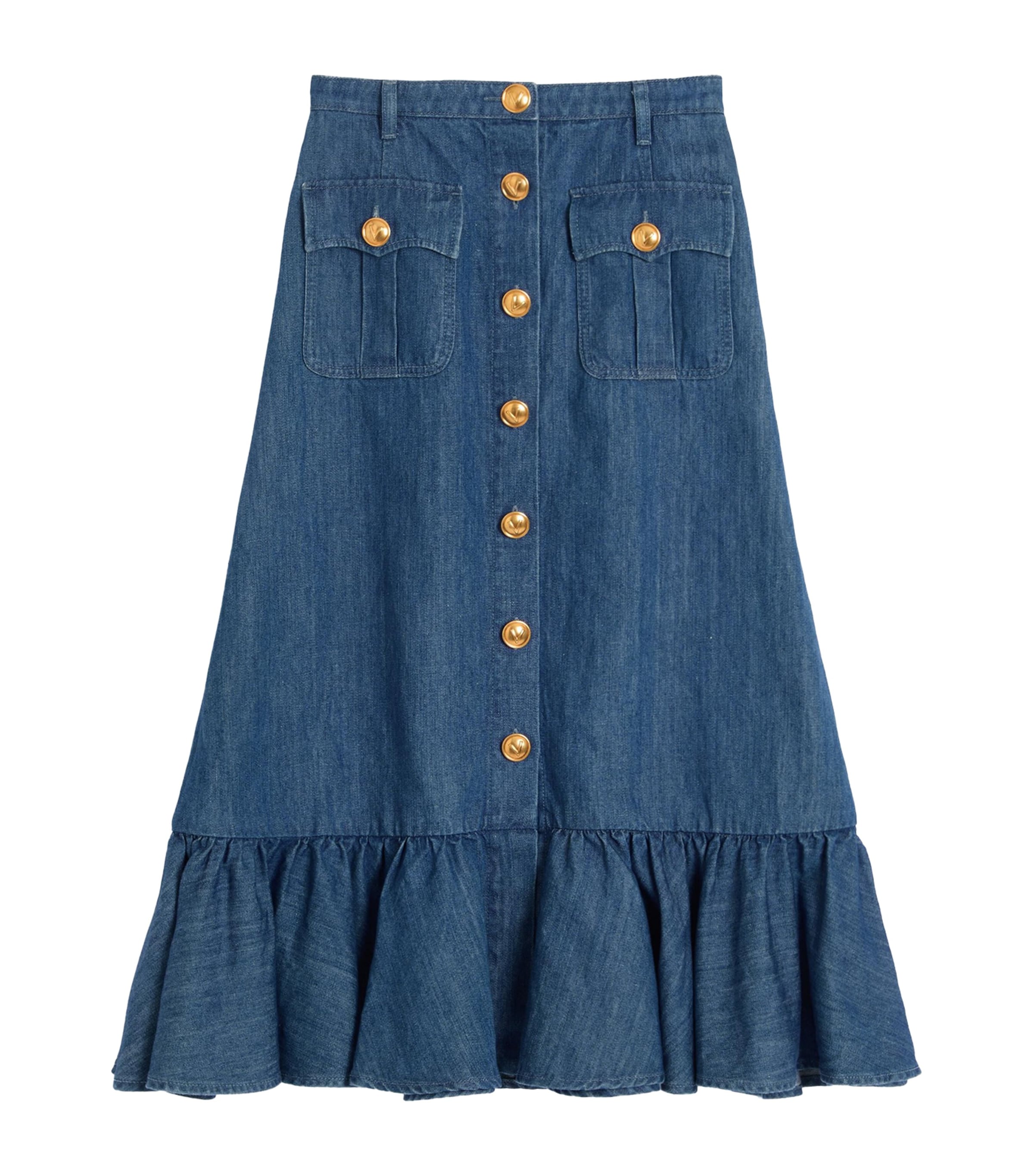 Shop Valentino Denim Midi Skirt In Blue