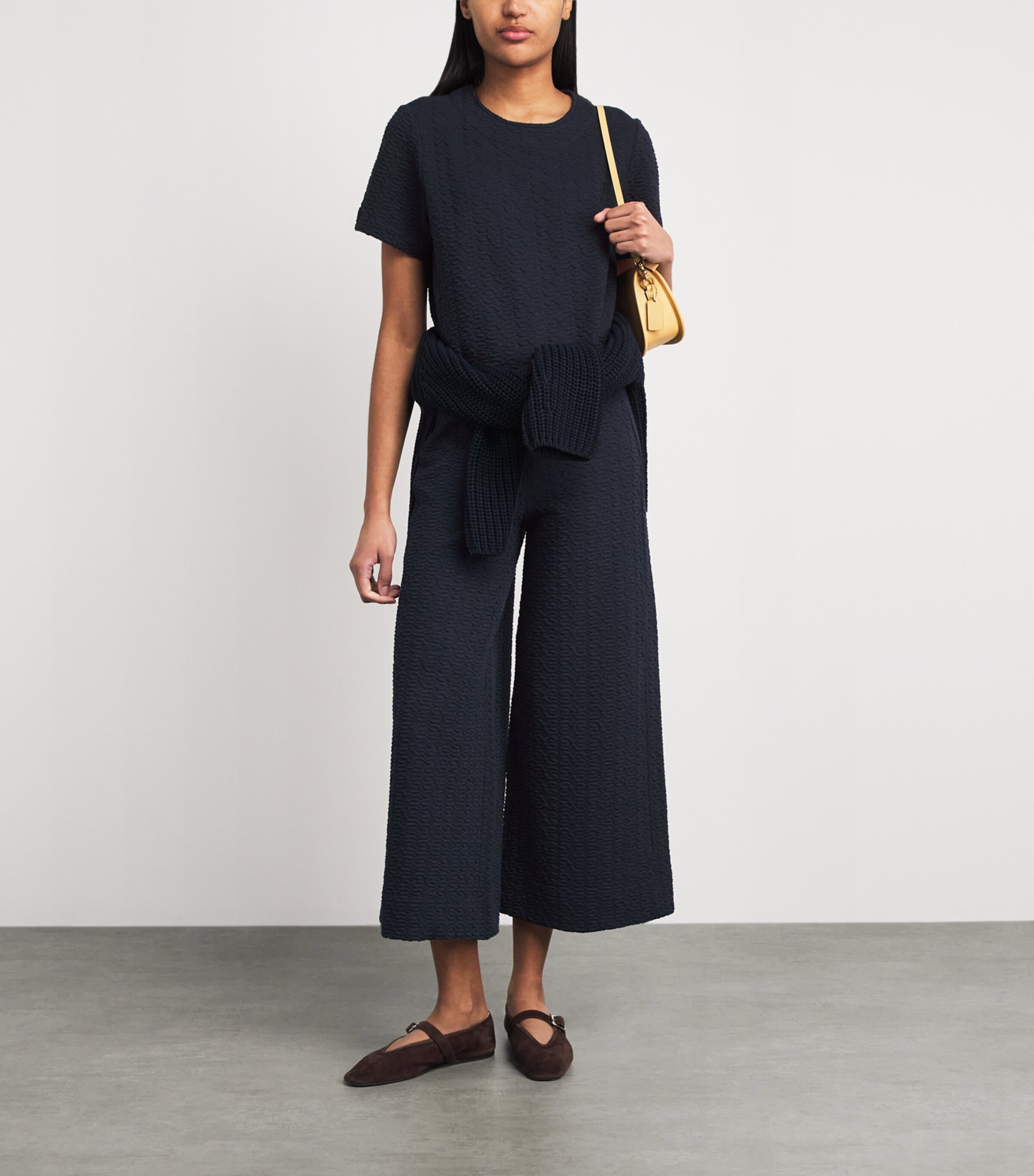 ME+EM Womens Cotton-Blend Jacquard Cropped T-Shirt Navy Image 2