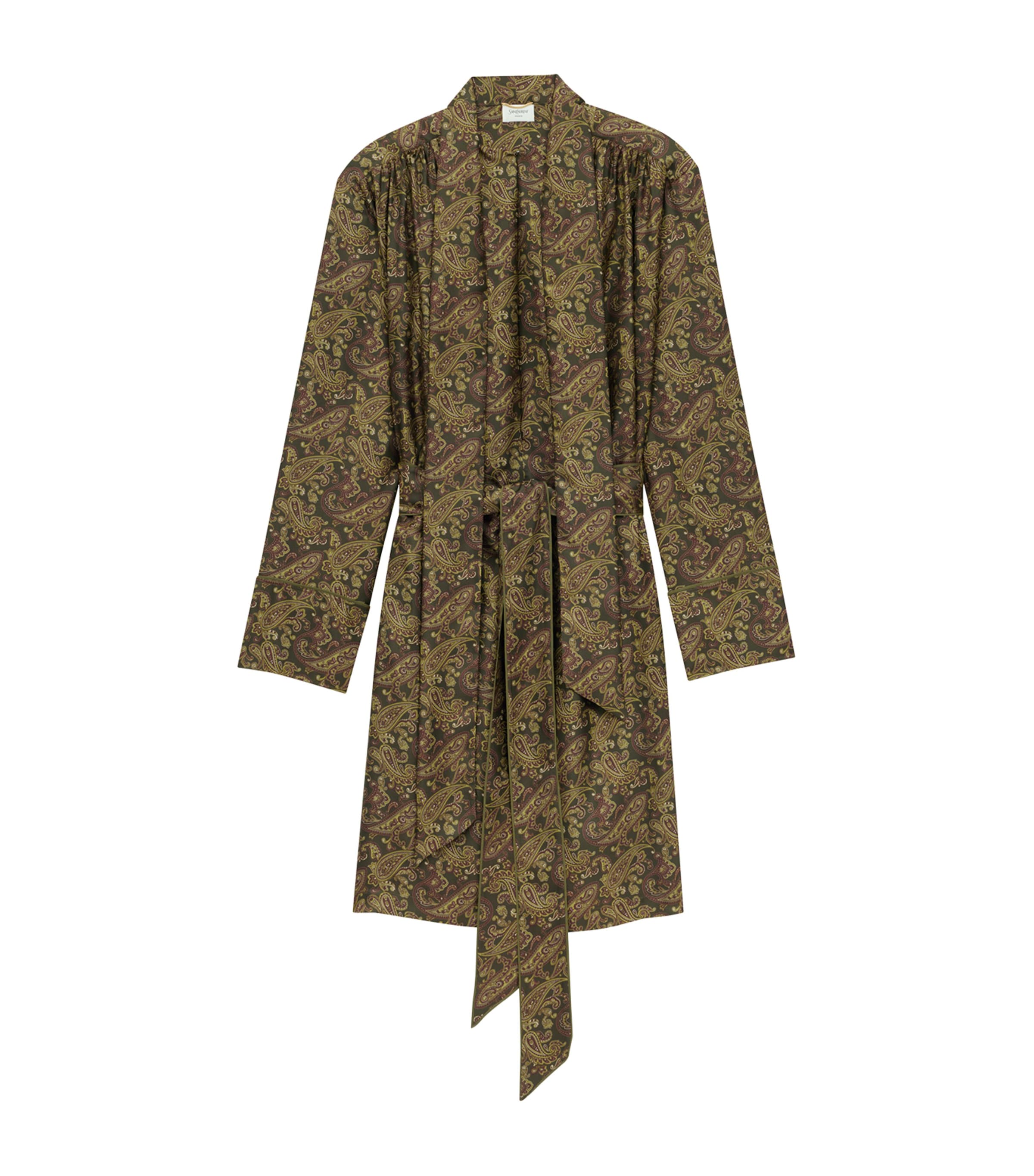 Saint Laurent Silk Paisley Belted Mini Dress In Gray