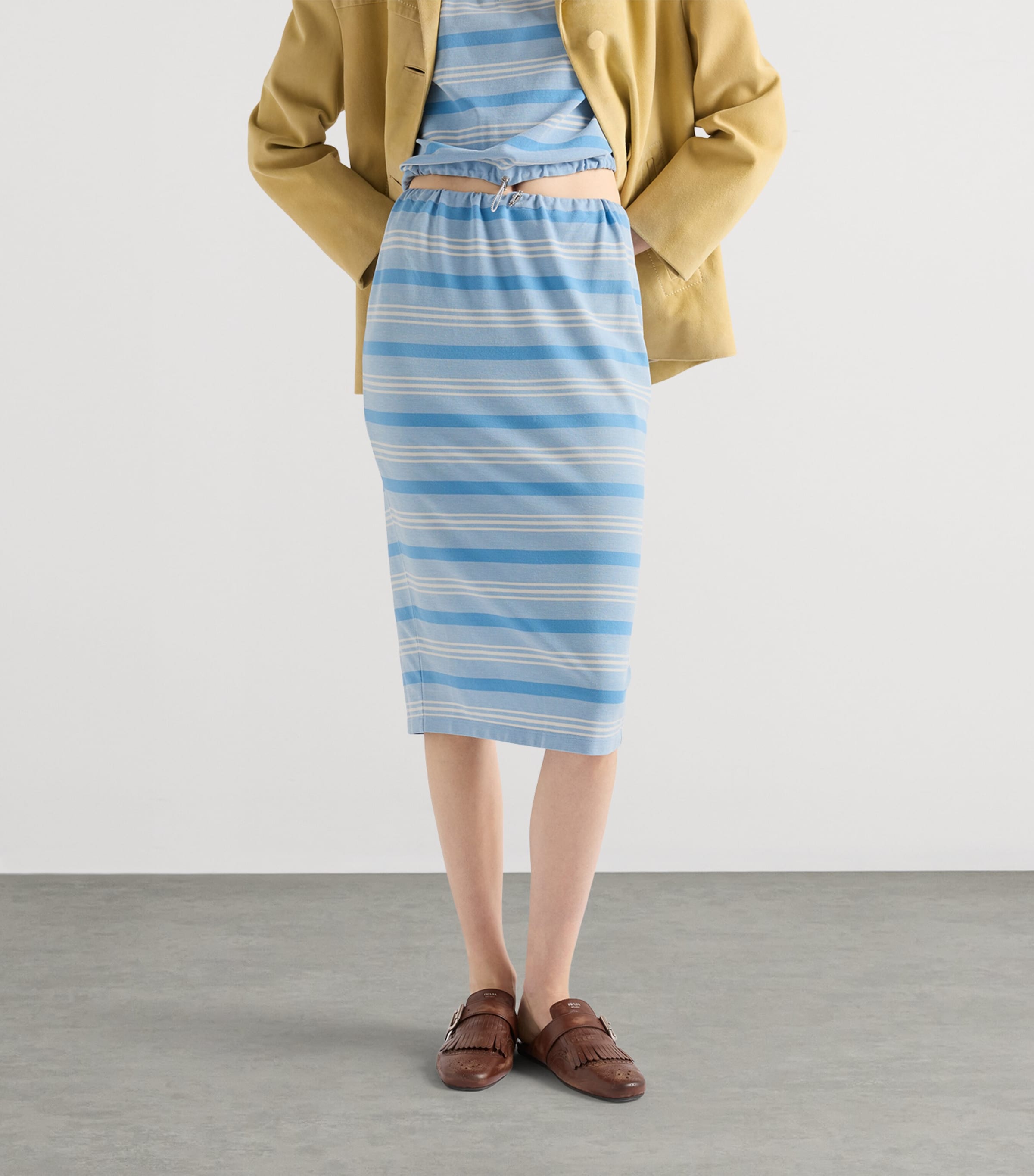 Prada Womens Cotton Piqué Stripe Midi Skirt Image 3