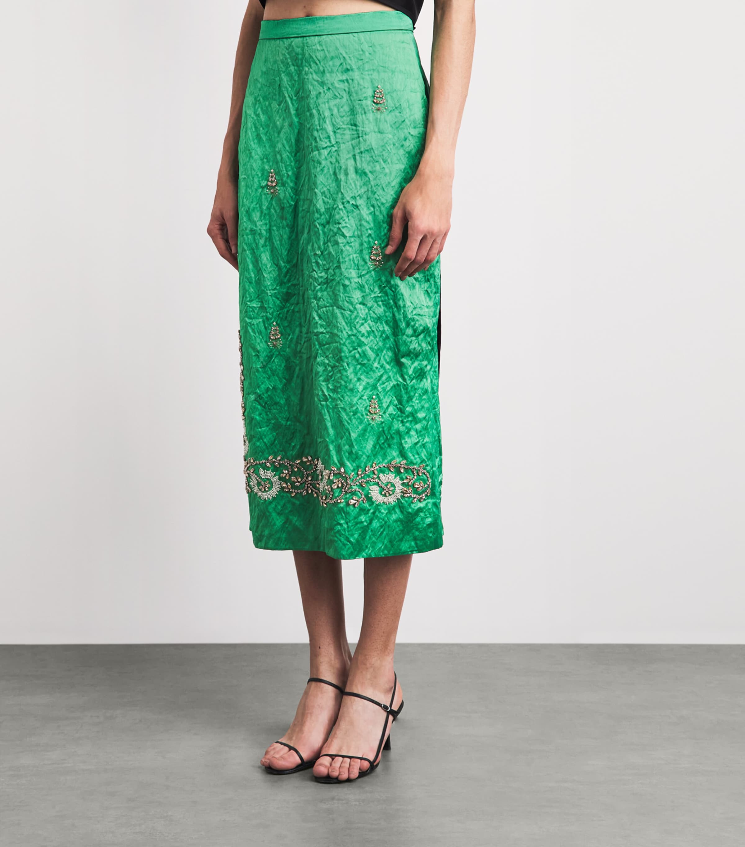 Erdem Womens Satin Floral-Embellished Midi Skirt Sea Green Image 4