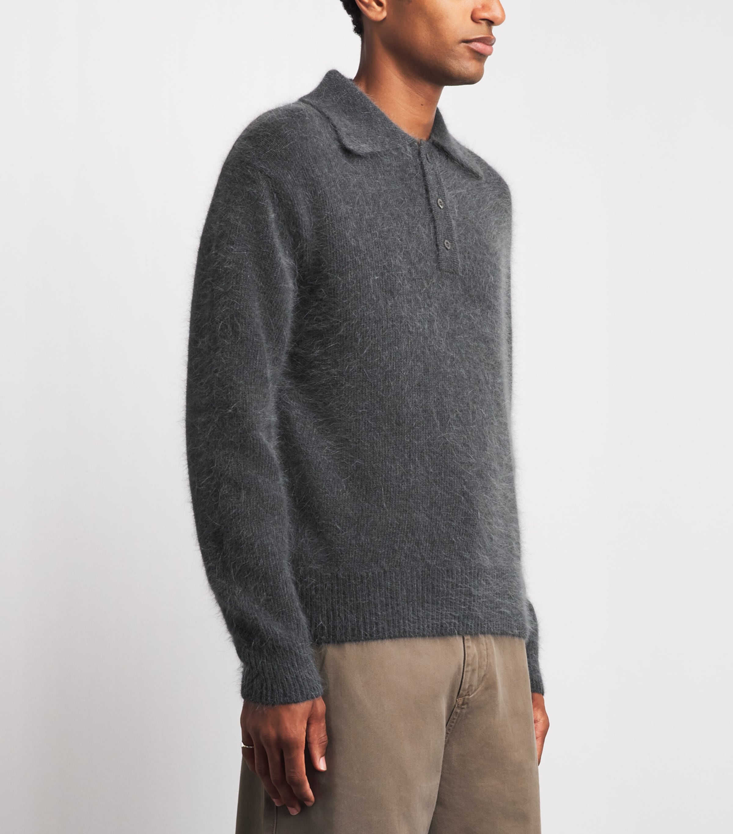 System Mens Wool Long-Sleeve Polo Shirt Black Grey Image 4