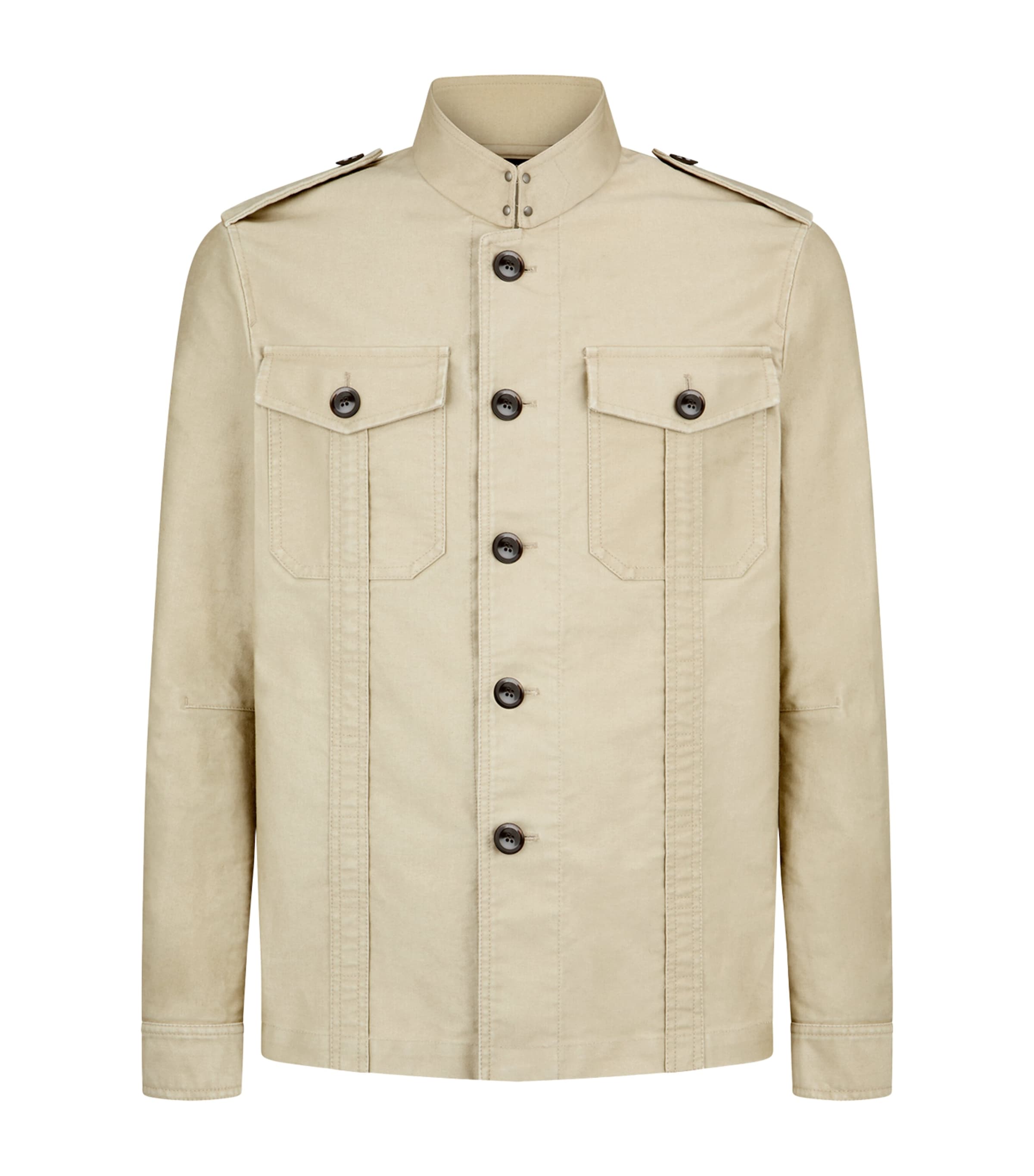 Tom Ford Brushed Cotton Satin Stand Collar Outershirt In Neutral